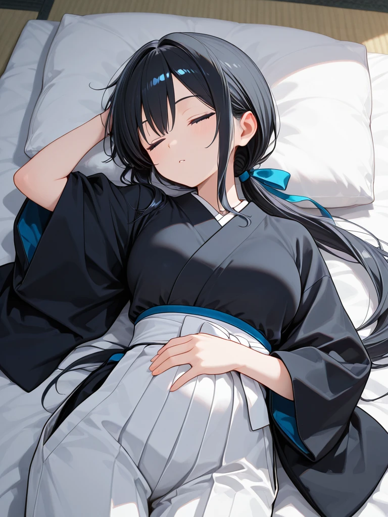 <lora:Samurai_girl_Mizuki_Hayate:0.3>,<lora:Smooth_Booster_v3:0.5>,masterpiece,great quality,best quality,newest,8k,absurdres,ultra-detailed,volumetric light,

1girl,mizuki hayate,black hair,blue eyes,long hair,low ponytail,sidelocks,medium ,
black kimono clothes,white hakama pants,

sleeping,hand on behind head,hand on belly,
cowboy shot,