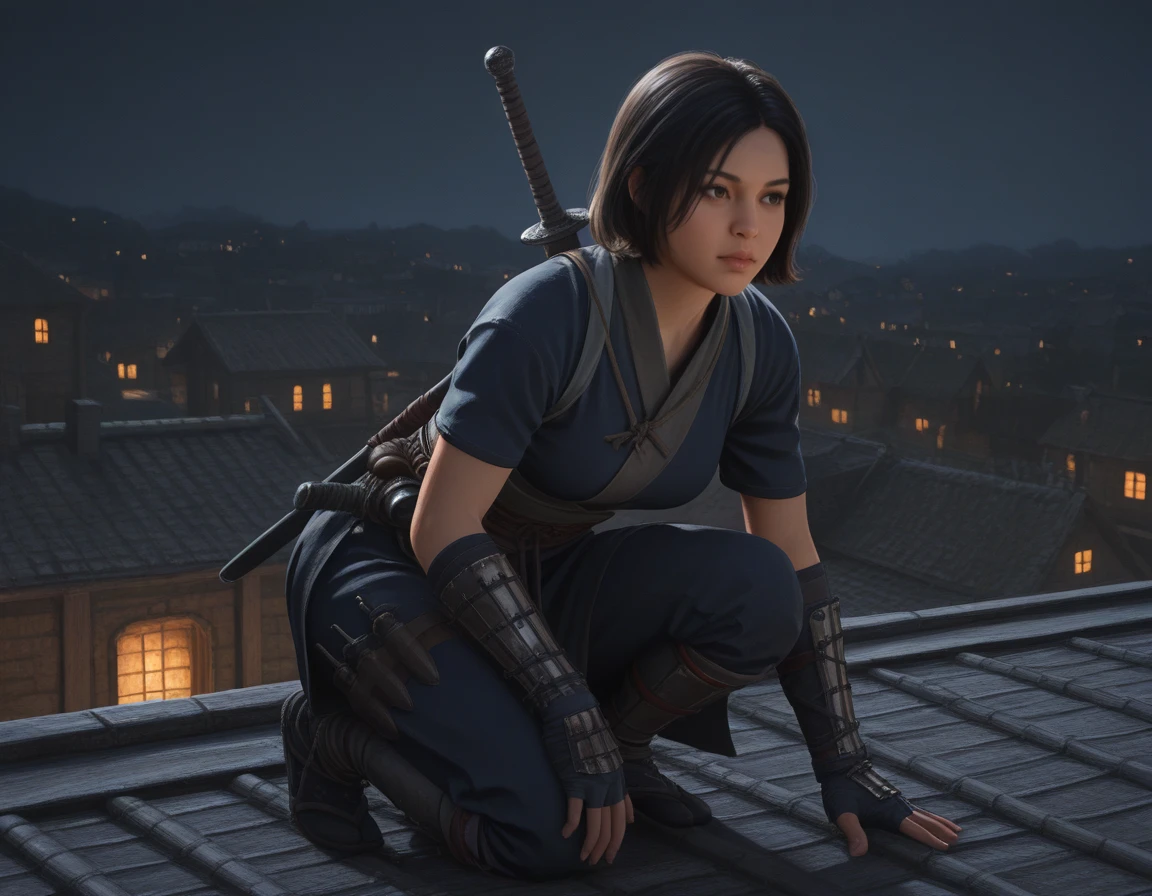 , <lora:IL_ACShadows_t5-81-64:1.0>,1girl, ACNaoe, breasts, black hair, brown eyes, short hair, dark blue ninja outfit, [red sash::0.3], sword on back, shoes , on one knee, looking to the side, serious, one hand on roof, leaning forward, , , night, rooftop, village, medieval, feudal japan, ancient japan,, (realistic:1.5), [3d::0.1], [watercolor \(medium\):0.1], [painting \(medium\):0.01], masterpiece, best quality,serious[, backlighting:0.4]