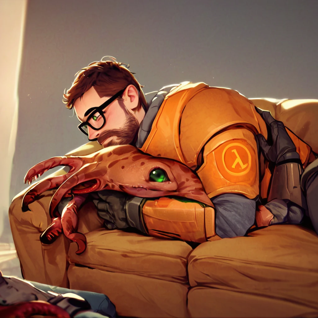 score_9, score_8_up, score_7_up, bullsquid, two limbs, face tentacles, side view, alien on human, human on feral, wholesome, lying on another, hugging, duo, lying, on couch, gordonfreeman, brown hair, short hair, facial hair, glasses, green eyes, power armor