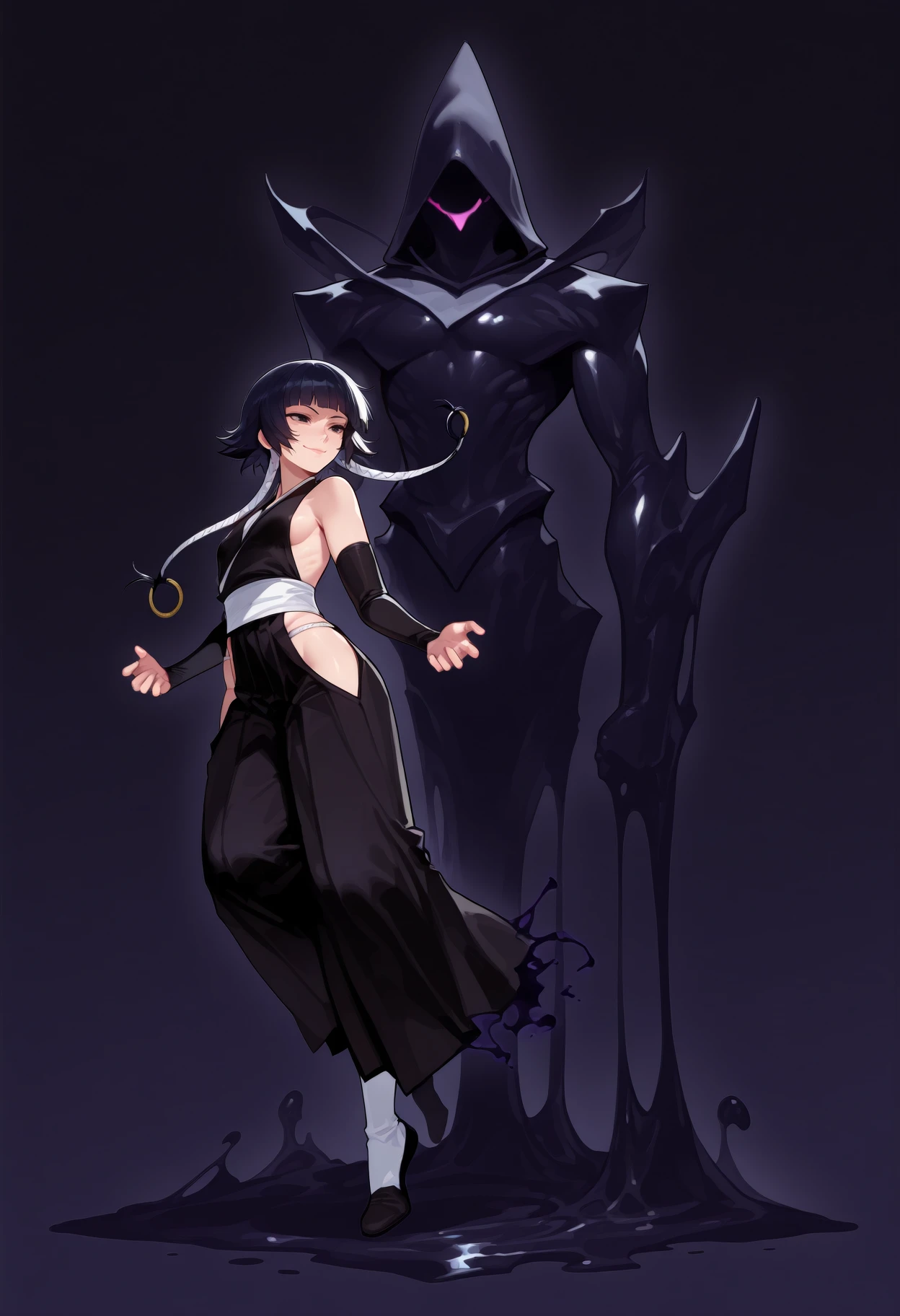 masterpiece, best quality, simple background, black background, 1girl, 1other, full body,  <lora:Summon:1>
1girl, sui-feng, black eyes, black hair, short hair with long locks, blunt bangs, small breasts, sideboob, black kimono, hip vent, backless outfit, sideless kimono, detached sleeves, panties, closed mouth, smile, fighting stance, 
1other, aura, slime \(creature\), slime \(substance\), core,