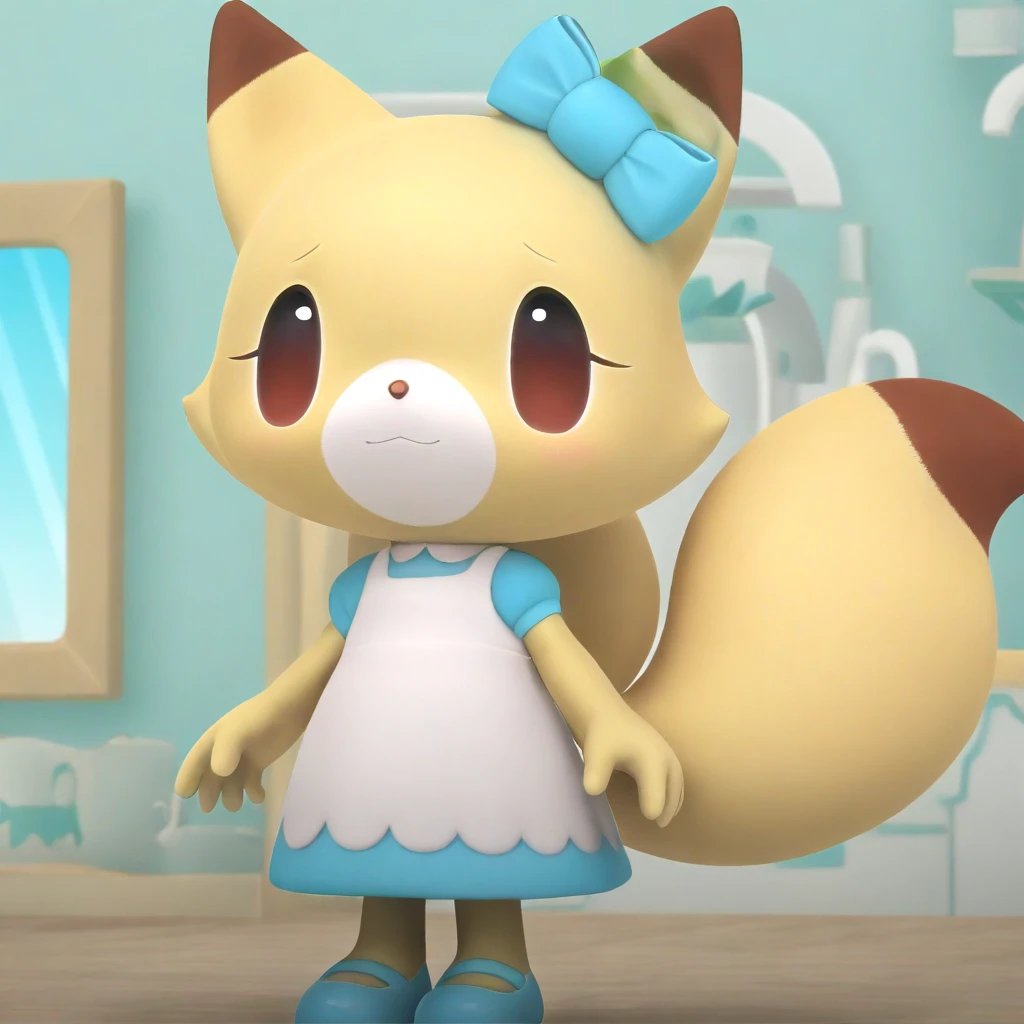 1girl, (anthro, furry, furry female) clarafox, fox, (yellow skin, yellow fur, bodyfur), yellow fox ears, brown eartips, white fox snout, dark brown nose, big eyes, dot eyes, brown eyes, light blue and white collared apron dress, white peter pan collar, light blue puffy short sleeves, white long apron, light blue bow, hair_ribbon, ear ornament, ribbon tied around ear, light blue mary janes shoes