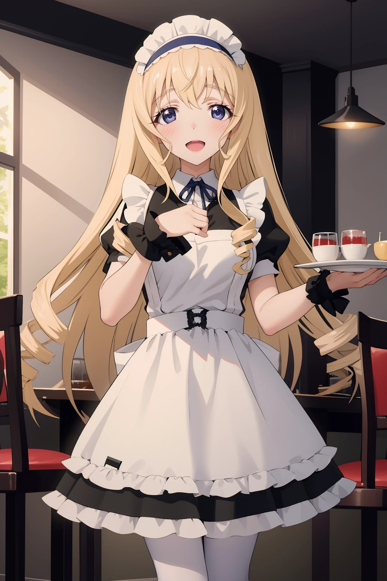 (best quality, masterpiece:1.2), <lora:Char-IS-Cecilia-V1-SD1.5:0.9:hr=0.6>, 1girl, cecilia alcott, solo, maid, maid headdress, maid apron, embarrassed, white pantyhose, open mouth, blush, smile, open mouth, holding plate, looking at viewer, cowboy shot, bar \(place\), indoors, depth of field