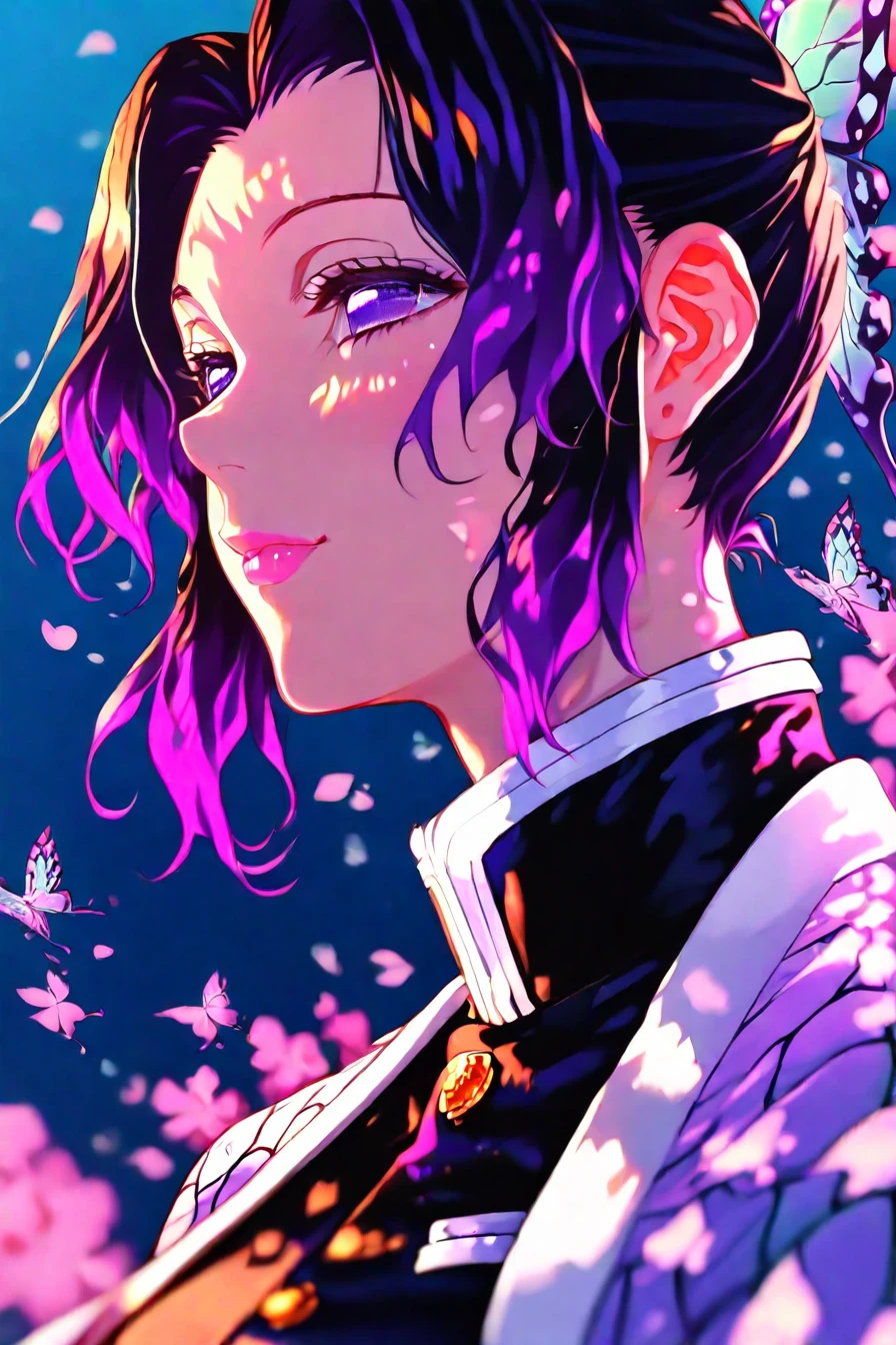 shinobu kochou, kochou shinobu, black hair, butterfly, butterfly hair ornament, forehead, gradient hair, hair ornament, haori, multicolored hair, parted bangs, purple hair, short hair, two-tone hair, mature female, breasts, animal print, butterfly print, coat, demon slayer uniform, haori, japanese clothes,, uniform, 1girl, solo, alone, <lora:anime_portrait_wallpaper-000031:1>, anime_portrait_wallpaper, portrait, masterpiece, highres