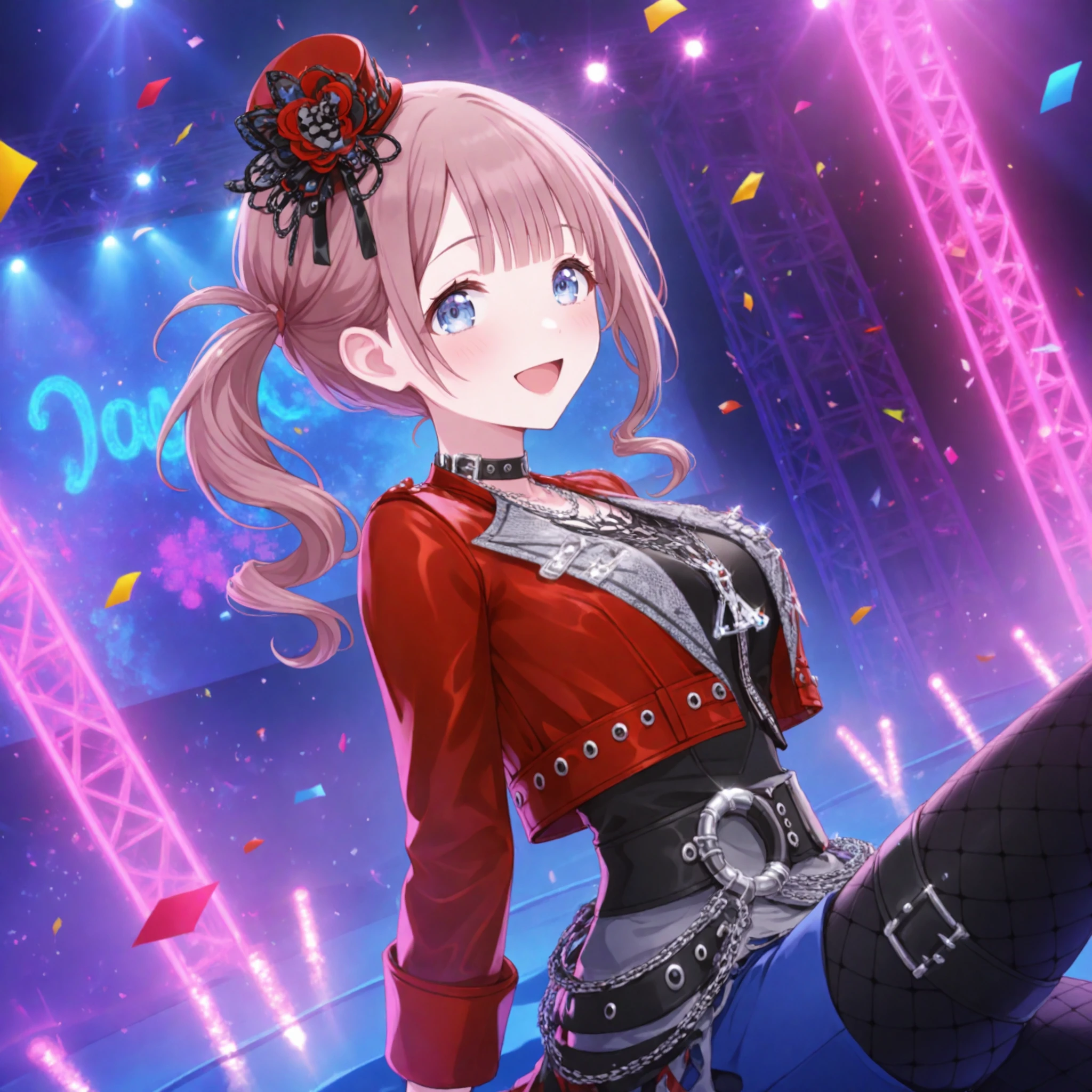 1girl, mochizuki honami, project sekai, solo, from side,
resonance honami, blue eyes, detailed eyes, side ponytail, :D,
looking at viewer, sitting, knee up, leaning back, support arms, four fingers and thumb, cowboy shot,
red jacket, black gloves, chain, half gloves, black shirt, black pantyhose, mini hat, open jacket, long sleeves, chain necklace, black belt, cropped jacket, red headwear, fishnet pantyhose, blue shorts, choker, thigh strap, fingerless gloves, mini top hat, bracelet, torn clothes,
dark, stage, stage light, neon light, confetti-flurry,
nijistyle, jwst, masterpiece, amazing quality, very aesthetic, ultra detailed, highres,
<lora:hand 5.5:1>, <lora:IL-style-nijistyle02:0.6>, <lora:IL-style-JWST02:0.2>,
<lora:IL-leo-ResonanceHn02:0.6>