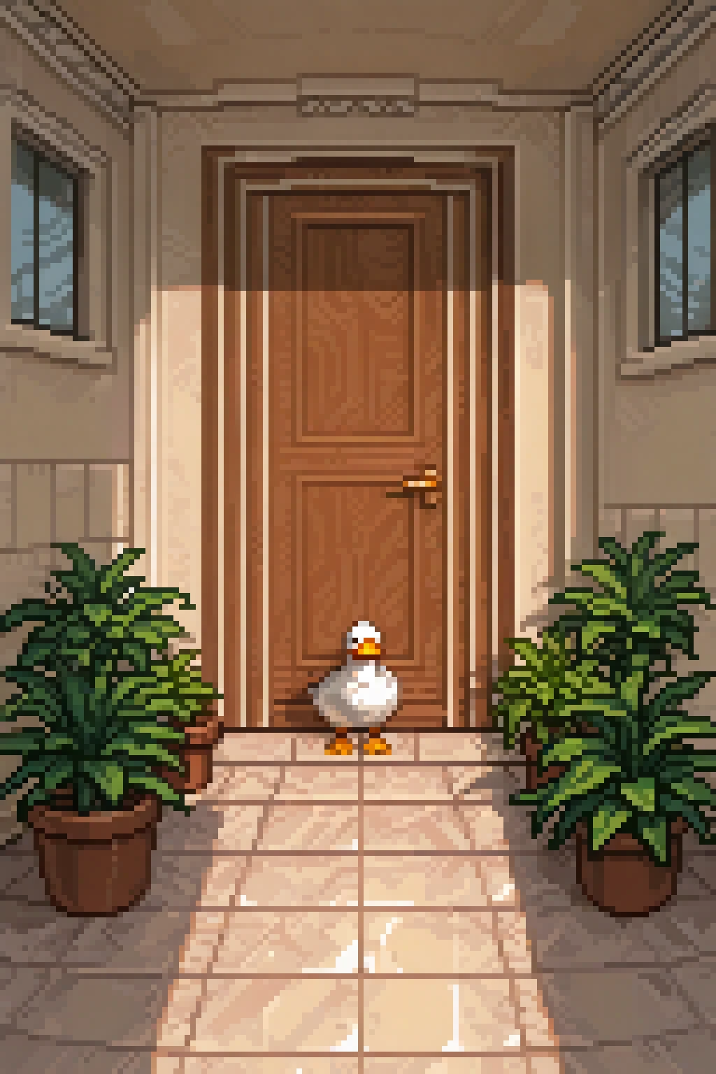 pixpix, 8-bit, pixel_art,, standing, outdoors, indoors, no_humans, window, shadow, bird, animal, plant, scenery, tiles, door, potted_plant, animal_focus, tile_floor, perspective, open_door, fisheye, duck, doorway, pov_doorway, duckling, masterprice,