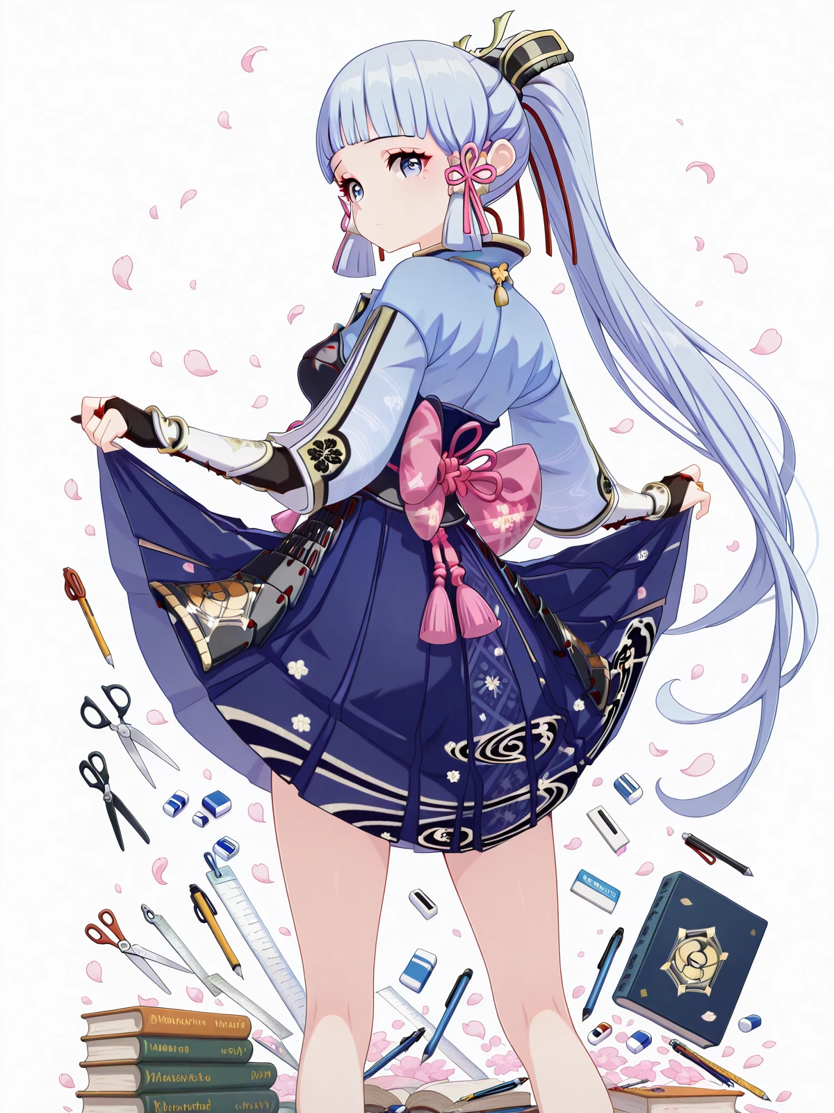 masterpiece, best quality, amazing quality,, <lora:genshin-ayaka-kamisato-ingame-illustriousxl-lora-nochekaiser:1>, ayaka kamisato, kamisato ayaka, blunt bangs, blue eyes, blue hair, hair ornament, hair ribbon, hair tubes, long hair, ponytail, tress ribbon, mature female, medium breasts, 3d,, <lora:senjougaharahitagi-skirt-lift-pose-illustriousxl-lora-nochekaiser:1>, senjougaharahitagi skirt lift pose, solo, skirt, looking back, from behind, clothes lift, book, petals, skirt lift, skirt hold, pen, pencil, scissors, eraser, mechanical pencil, ruler, boxcutter, impossible storage,, , ,