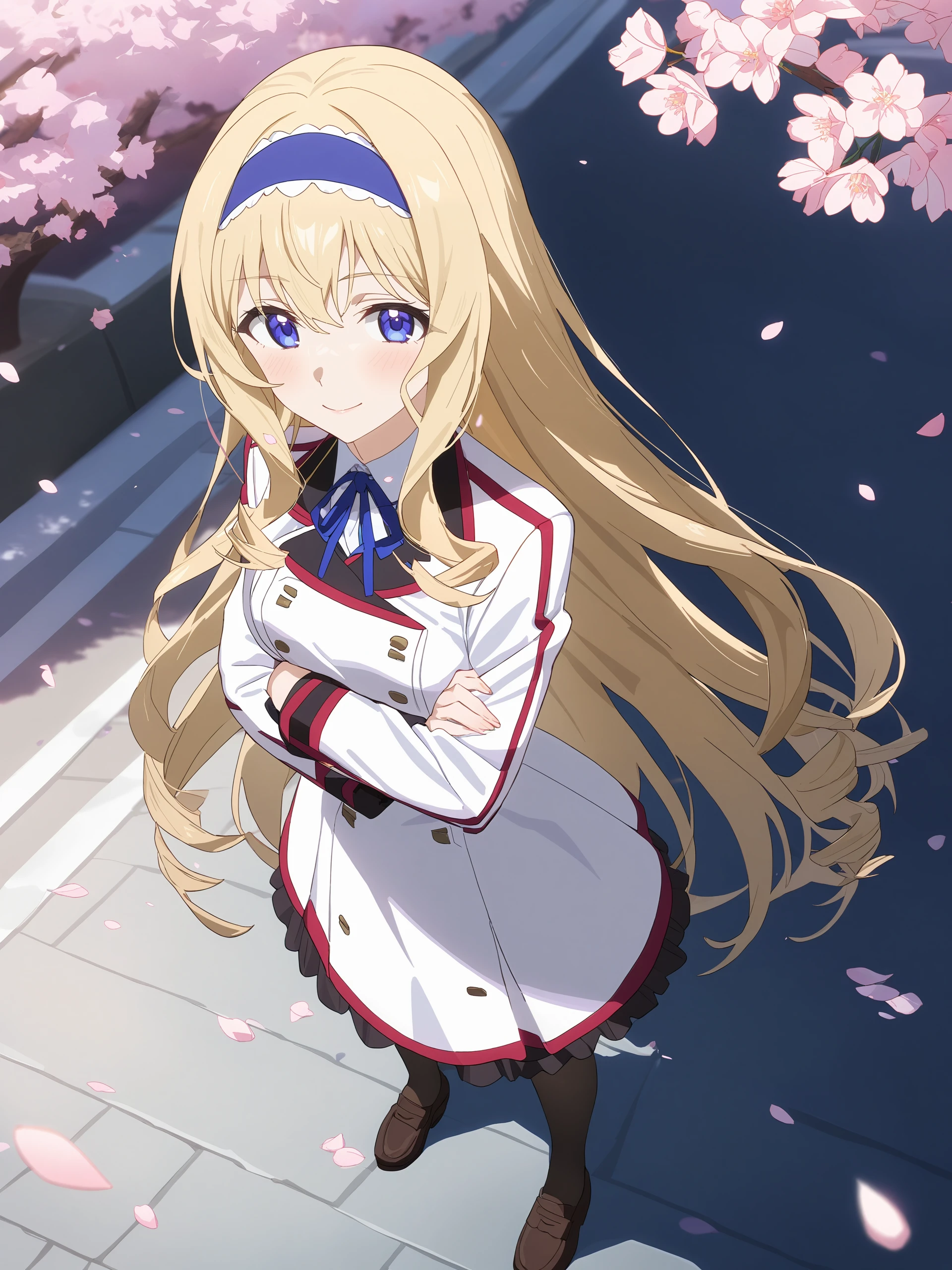 anime screenshot, anime coloring, incredibly absurdres, ultra detailed, masterpiece, best quality, perfect features, intricate details, ray tracing, very aesthetic,  <lora:Char-IS-Cecilia-V1-SDXL:0.9:hr=0.6>, 1girl, cecilia alcott, blue hairband, solo, blue neck ribbon, infinite stratos academy school uniform, black pantyhose, loafers, crossed arms, looking at viewer, light smile, standing, full body, outdoors, street, cherry blossoms, petals, depth of field