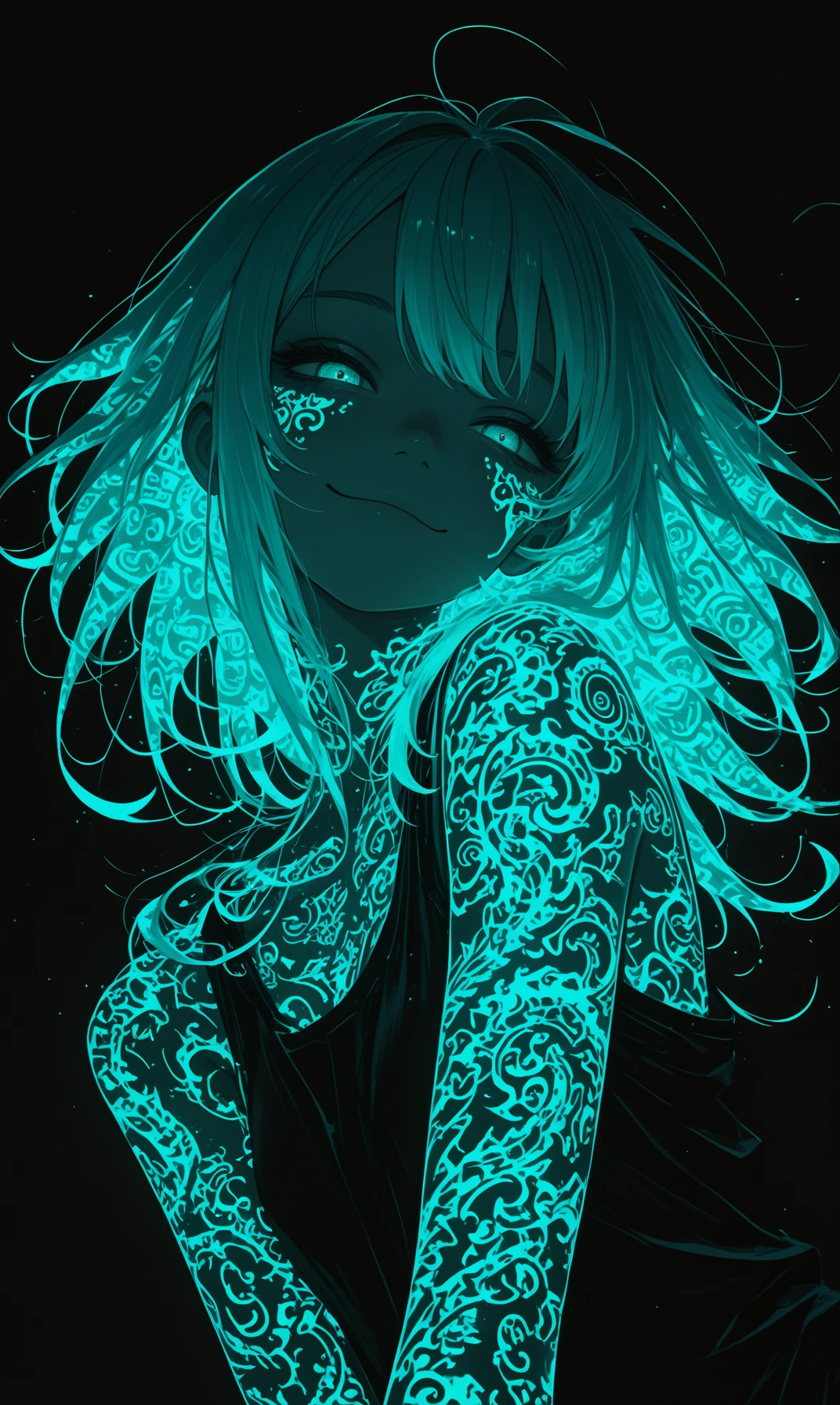 Gl9w, masterpiece, best quality, highly detailed, high-quality, perfection, 1girl, luminescent colored hair, glowing tattoos, tank top, cute face, dynamic pose, coy smile, detailed, black background, dutch angle, dynamic angle, electronic, patterns, detailed face, fantasy,