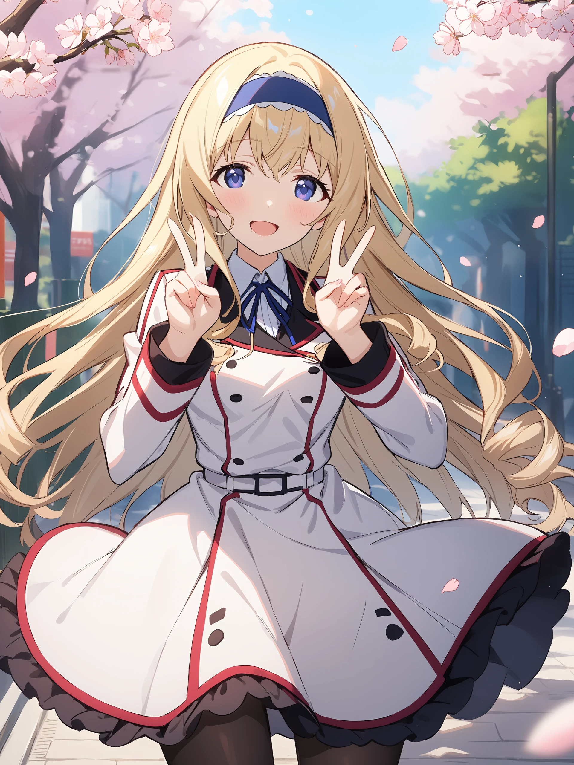 illustration, incredibly absurdres, ultra detailed, masterpiece, best quality, perfect features, intricate details, ray tracing, very aesthetic, (ask \(askzy\), hiten \(hitenkei\):0.6),  <lora:Char-IS-Cecilia-V1-SDXL:0.9:hr=0.6> 1girl, cecilia alcott, blue hairband, solo, blue neck ribbon, infinite stratos academy school uniform, black pantyhose, double v, looking at viewer, smile, open mouth, standing, cowboy shot, outdoors, street, cherry blossoms, petals, depth of field