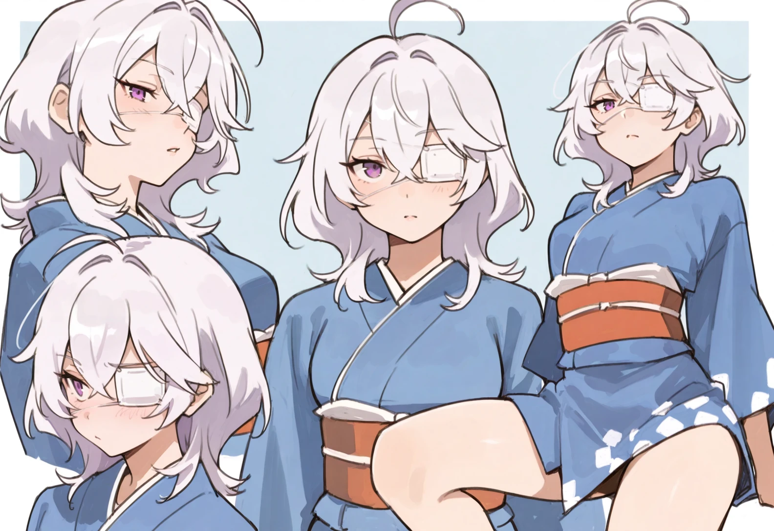 masterpiece, best quality, 1girl, white hair, medium hair, purple eye, crossed bangs, small breasts, hair between eyes, tsurime, aged up, woman, ahoge, half-closed eye, petite, japanese clothes, kimono, blue clothes, sash, <lora:Left Eye Eyepatch3-outfit-illustrious:0.75> leftsydeypat, eyepatch, medical eyepatch, <lora:9_AtsukoNozaki:0.85> atsuko nozaki,