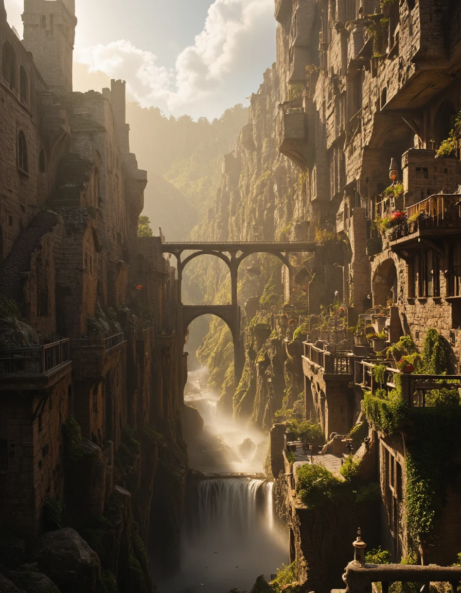 <lora:MW_Roma02flux:1>SP03, waves, medieval city built inside a vast canyon, towering stone cliffs, ancient stone bridges connecting medieval buildings across the canyon walls, narrow winding streets, gothic towers carved into the rock, flags fluttering in the wind, wooden balconies jutting from cliffside homes, waterfalls cascading down canyon walls, moss-covered bricks, sunbeams piercing through the canyon above, ambient golden light, deep shadows, smoke rising from chimneys, birds circling overhead, epic fantasy setting, cinematic perspective, highly detailed architecture, natural rock textures, magical ambiance, vast depth, warm color palette,