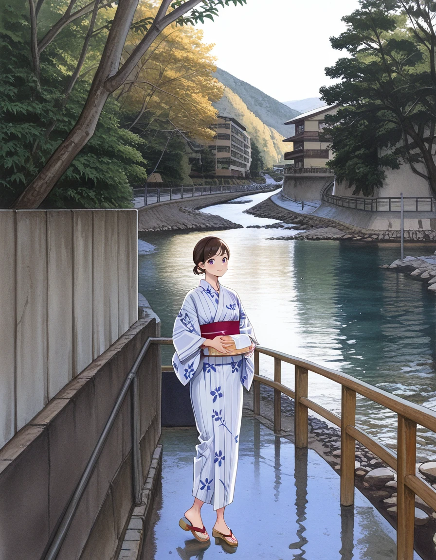 score_7_up, anime BREAK official art, 
<lora:noyu:1>, noyu, 
1girl, solo, 
yukata, japanese clothes, sash, obi, outdoors, tree, scenery, yukata, sandals, standing, floral print, river, traditional media, holding wooden washbowl, hand towel, tenugui, railing, wall, building, wide shot, 
(masterpiece:1.3), best quality, high resolution, unity 8k wallpaper, extremely detailed CG, 8K, (watercolor \(medium\), muted color, sketch:1.1), perfect anatomy, highly finished, masterpiece, best quality, high quality, amazing quality, great quality, very aesthetic, ultra detailed, highres, absurdres, highly detailed, highly detailed background,