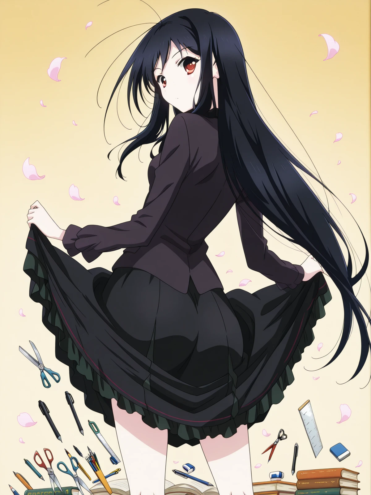 masterpiece, best quality, amazing quality,, <lora:accelword-kuroyukihime-s1-illustriousxl-lora-nochekaiser:1>, accelword kuroyukihime, kuroyukihime, long hair, black hair, red eyes, antenna hair, mature female, small breasts, anime screencap, <lora:senjougaharahitagi-skirt-lift-pose-illustriousxl-lora-nochekaiser:1>, senjougaharahitagi skirt lift pose, solo, skirt, looking back, from behind, clothes lift, book, petals, skirt lift, skirt hold, pen, pencil, scissors, eraser, mechanical pencil, ruler, boxcutter, impossible storage,, , ,