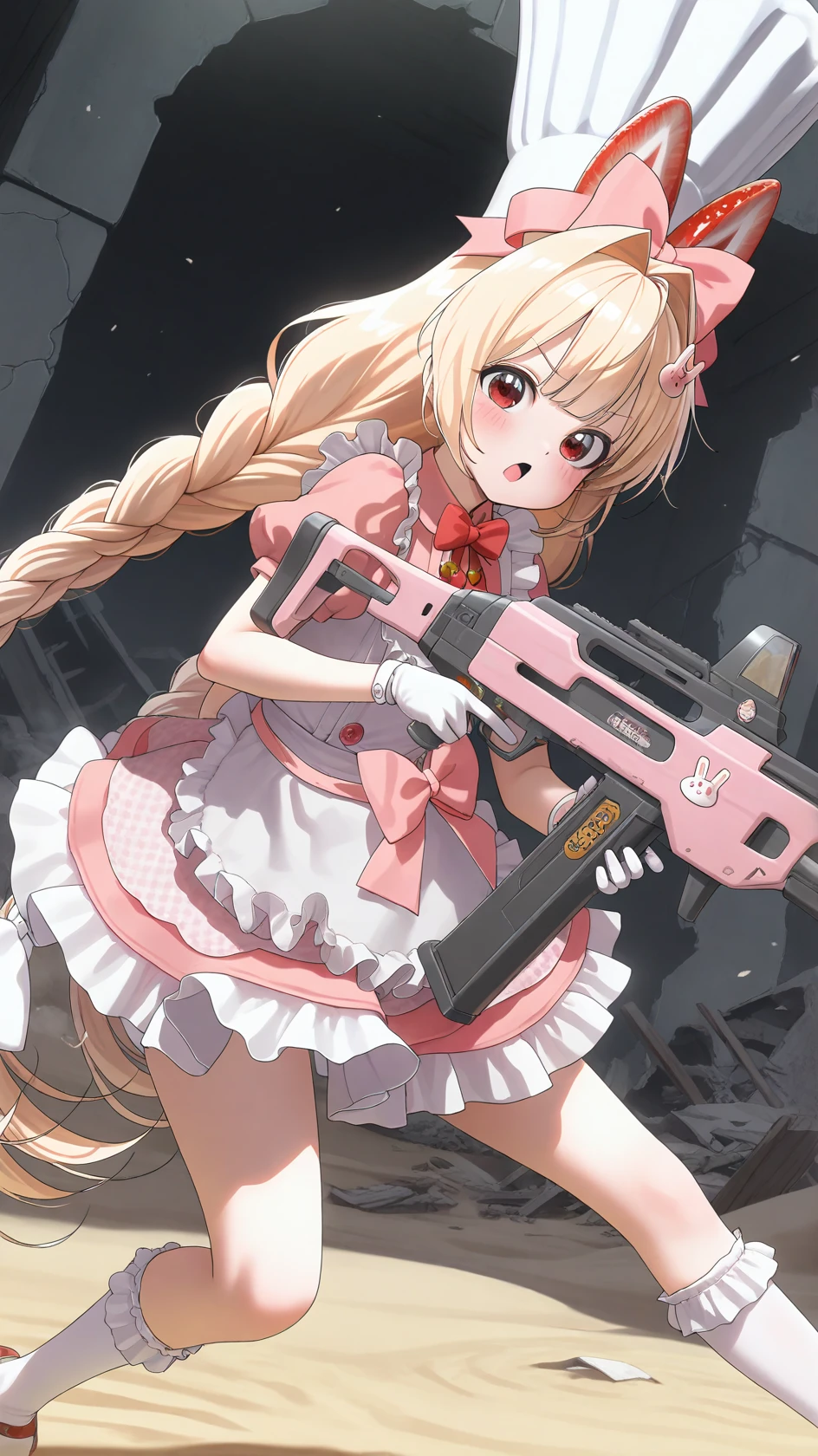 masterpiece, best quality, very high quality, ultra detailed, plain background, masterpiece, ,
, very aesthetic, anime coloring, screencap, anime screencap,dim lighting, outdoor, ruins, wind, sand,
<lora:crust-000040:0.8> , solo, long hair, looking at viewer, blush , bangs, blonde hair, hair ornament, red eyes, gloves, hat, , dress, bow, animal ears, twintails, very long hair, braid, short sleeves,, hair bow, frills, shoes, socks, puffy sleeves, white gloves, rabbit ears, apron, red bow, twin braids, puffy short sleeves, kneehighs, white headwear,, frilled dress, , white bow, white socks, red footwear, pink dress, white apron, frilled apron, food-themed hair ornament, rabbit hair ornament,, chef hat, frilled socks, open mouth,,, holding weapon, holding gun, standing, dynamic pose,, masterpiece,best quality,amazing quality,