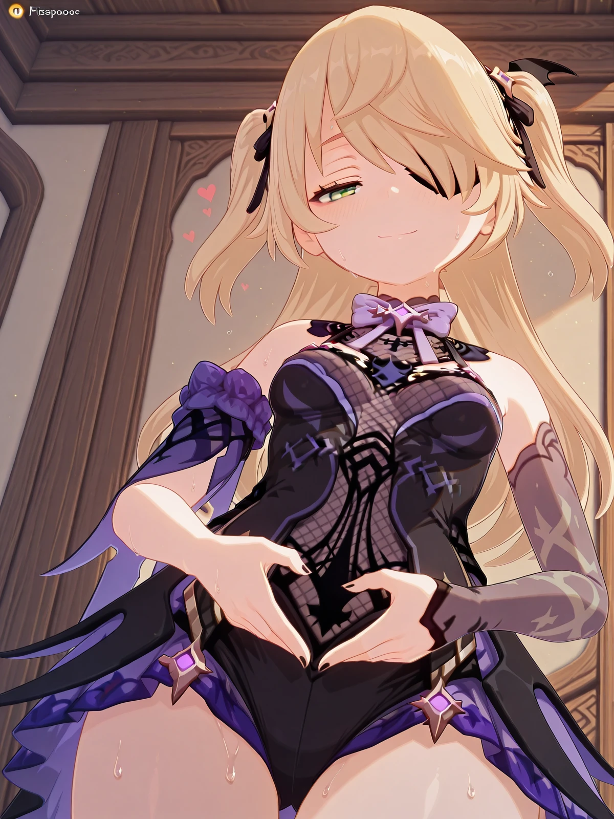 masterpiece, best quality, amazing quality,, <lora:genshin-fischl-ingame-illustriousxl-lora-nochekaiser:1>, fischl, fischl (genshin impact), long hair, bangs, blonde hair, ribbon, green eyes, hair ribbon, hair over one eye, two side up, eyepatch, mature female, small breasts, 3d,, <lora:uterus-pose-illustriousxl-lora-nochekaiser:1>, uteruspose, solo, looking at viewer, blush, smile, closed mouth, standing, heart, cowboy shot, sweat, heart hands, torogao, half-closed eyes, from below, looking down,, , ,