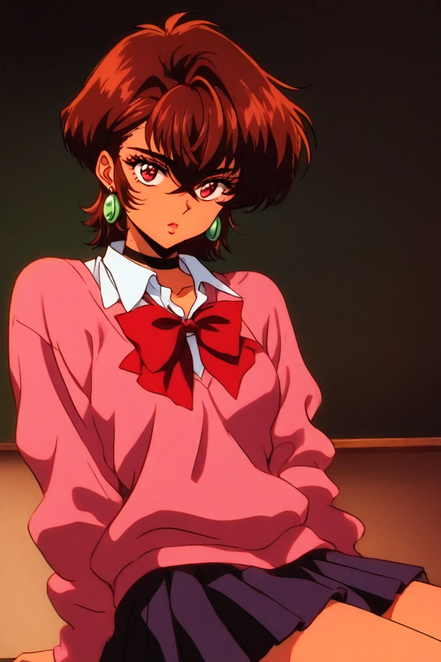 <lora:ayase_momo-koto-Illustrious v01:0.4> ayasemomo, hair between eyes, crossed bangs, green earrings, brown hair, red eyes, black choker, short hair, white shirt, red bowtie,pleated skirt,school uniform, pink cardigan, long sleeves, 1girl, solo, alone, <lora:retro_dark_anime_aesthetic-000021:1>, retro_dark_anime_aesthetic, retro, retro artstyle, masterpiece, highres