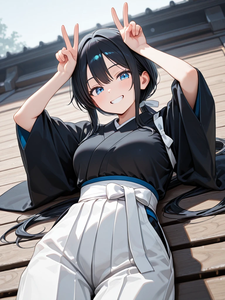 <lora:Samurai_girl_Mizuki_Hayate:0.3>,<lora:Smooth_Booster_v3:0.5>,masterpiece,great quality,best quality,newest,8k,absurdres,ultra-detailed,volumetric light,

1girl,mizuki hayate,black hair,blue eyes,long hair,low ponytail,sidelocks,medium ,
black kimono clothes,white hakama pants,
smiling,grinning,showing teeth,

laying on the roof,
looking on viewer,v-sign,both hands on head,
cowboy shot,