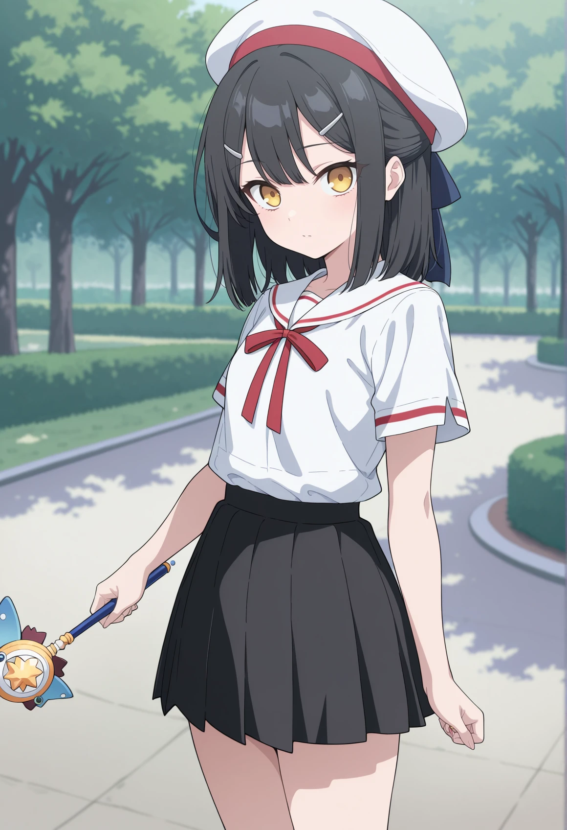 anime coloring, 1girl, black hair, medium hair, yellow eyes, hairpin, school uniform, white shirt, red ribbon, short sleeves, black skirt, white beret, outdoors, park, holding wand, looking at viewer, <lora:Miyu_2025:1>, masterpiece, best quality, amazing quality, very aesthetic, absurdres, highres, newest