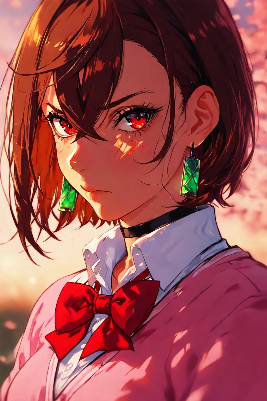 <lora:ayase_momo-koto-Illustrious v01:0.4> ayasemomo, hair between eyes, crossed bangs, green earrings, brown hair, red eyes, black choker, short hair, white shirt, red bowtie,pleated skirt,school uniform, pink cardigan, long sleeves, 1girl, solo, alone, <lora:anime_portrait_wallpaper-000031:1>, anime_portrait_wallpaper, portrait, masterpiece, highres