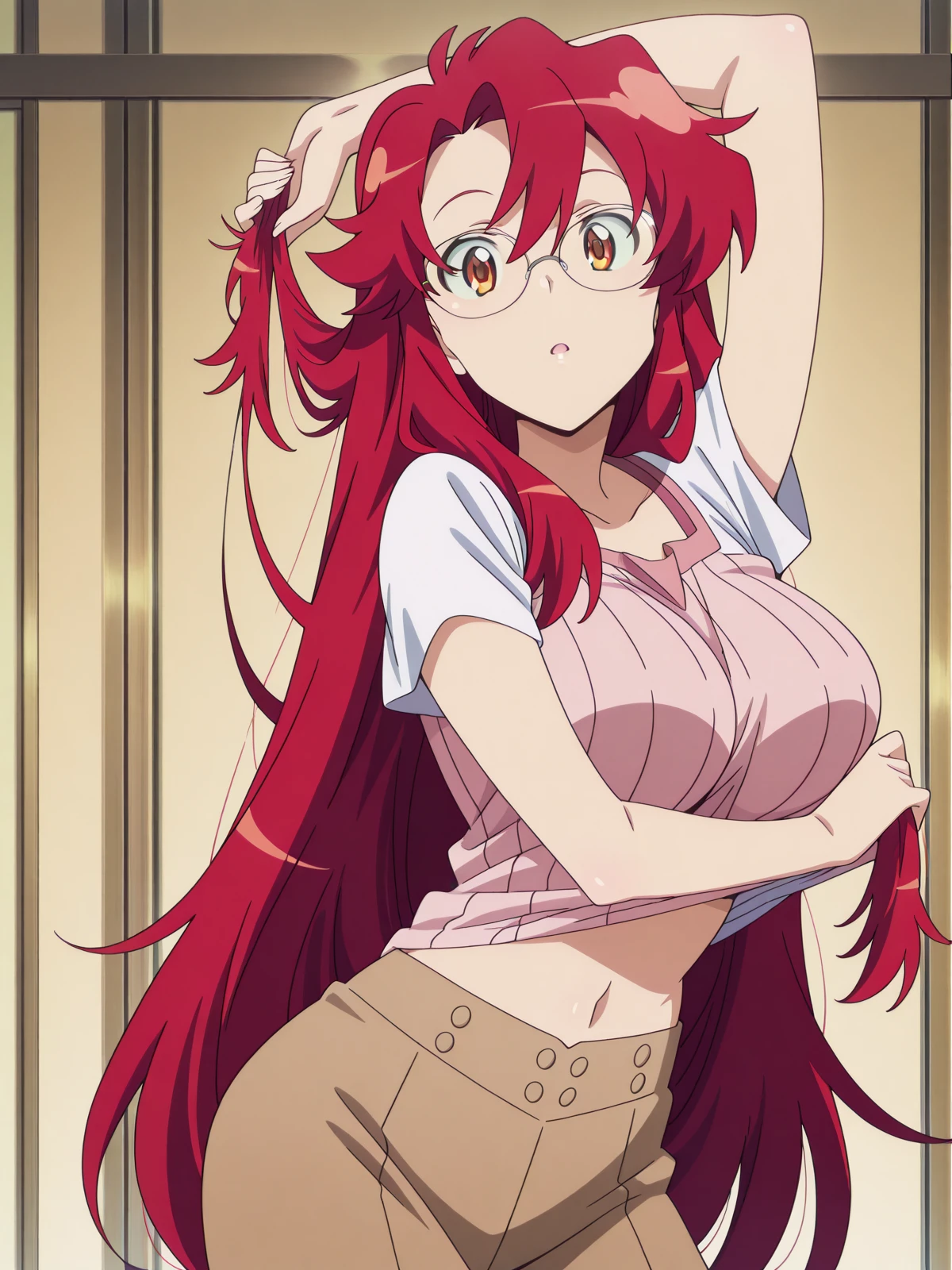 masterpiece, best quality, amazing quality,, <lora:yoko-littner-s1-illustriousxl-lora-nochekaiser:1>, yoko littner, long hair, yellow eyes, red hair, glasses, hair down, mature female, large breasts, anime screencap, <lora:senjougaharahitagi-arm-up-pose-illustriousxl-lora-nochekaiser:1>, senjougaharahitagi arm up pose, solo, looking at viewer, open mouth, cowboy shot, parted lips, arm up, shirt lift, holding hair,, , ,