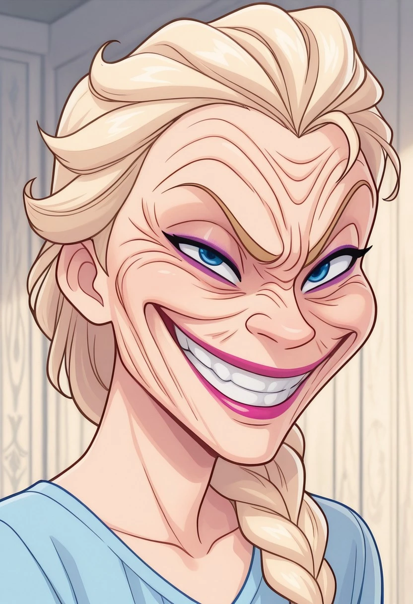 (((ultra detailed, masterpiece, high quality, )))
,
((( grinning face, exaggerated smile, wrinkled expression, meme face, )))
,
((( 1boy, solo )))
,
((( KElsaXL, blonde hair, blue eyes, single braid, hair over shoulder, makeup,,, )))
,
((( )))
,
((( )))
,
((( )))
,
((( )))
