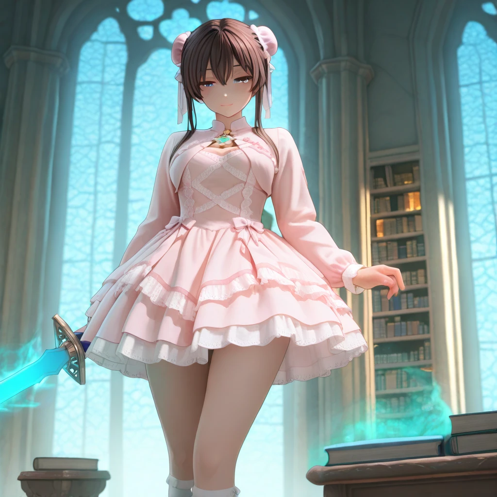 1girl, <lora:SWdress_illustrious:0.8>,SWdress, cropped_jacket, long sleeves, lace trim, frills, layered skirt, puffy dress, cross-laced dress, buttons,waist_ribbon,pink dress,frilled dress,white socks, frilled socks, kneehighs,ribbon footwear,mary janes,ancient library, glowing books, magical atmosphere, floating lights, mysterious aura, calm smile, half-closed eyes, serene expression,<lora:riccaV2.0Dim16alpha4_illustrious:0.8>,ricca_main ,blue eyes,brown hair,hair between eyes,blue_hair_bow,hair bun, double bun, bun cover, medium breasts,  brooch, flower brooch,chest brooch,holding sword,sword, masterpiece, best quality, amazing quality, newest,detailed face, beautiful eye