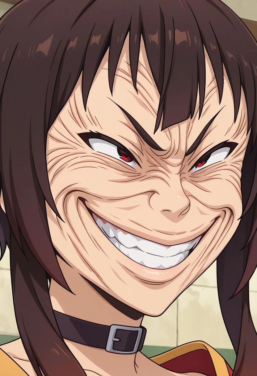 (((ultra detailed, masterpiece, high quality,  )))
, 
((( grinning face, exaggerated smile, wrinkled expression, meme face, )))
,
((( 1boy, solo )))
,
((( Megumin-Liver020, 1girl, solo, short hair, brown hair, black hair, short hair with long locks, red eyes,  )))
,
((( )))
,
((( )))
,
((( )))
,
((( )))