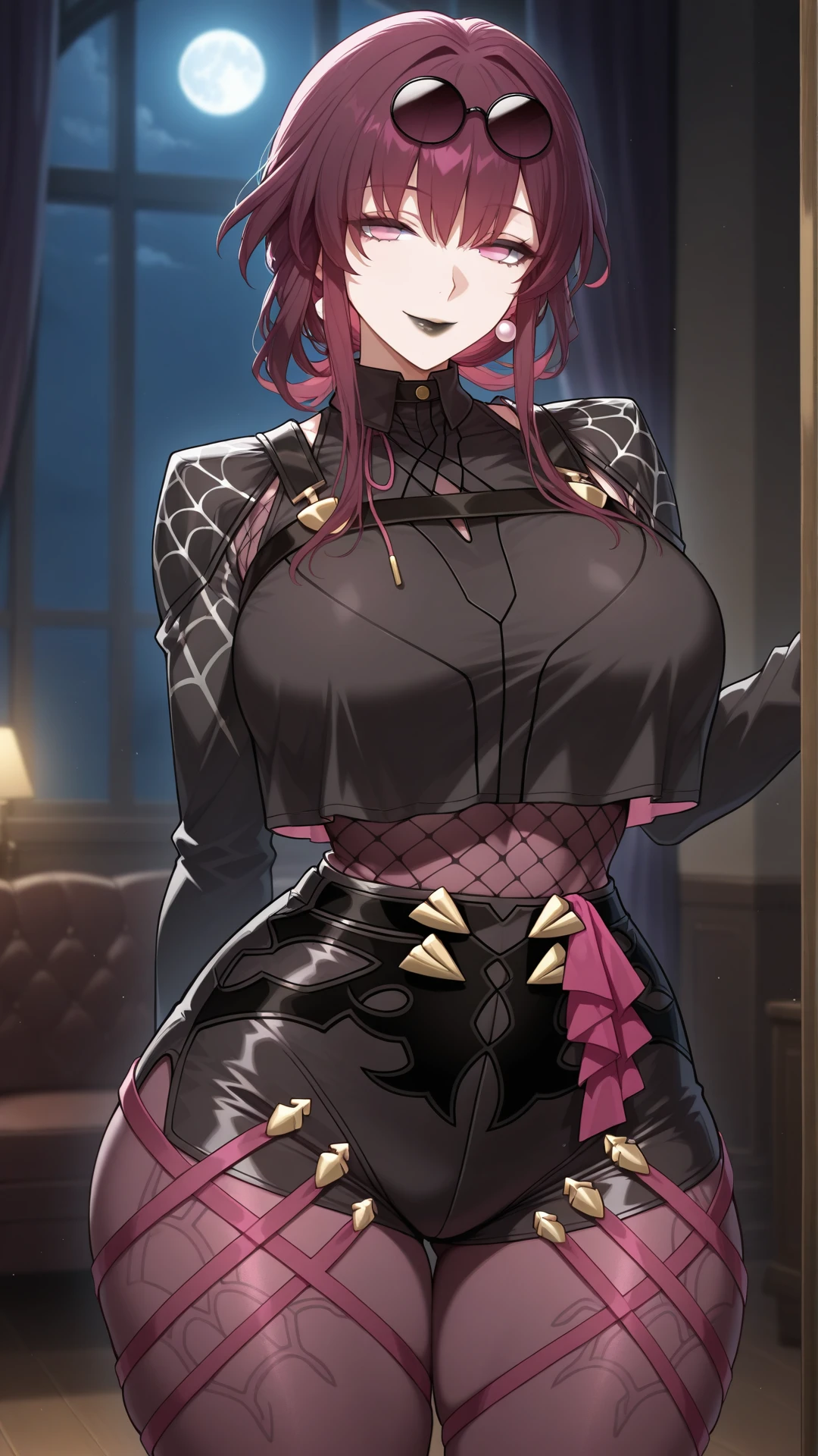 anime coloring, highres, anime screenshot, dramatic lighting, intricate details, masterpiece, best quality, absurdres, depth, looking at the viewer, <lora:Kafka_XL-20:0.9> Kafka_XL, sidelocks, eyewear on head, round eyewear, purple-tinted eyewear, 1girl, ((black lips)), lipstick, ((thick lips)), , ((huge )), ((curvy )), thick thighs, fishnets, fishnet undershirt, crop top, crop top overhang, black crop top, shorts, micro shorts, jean shorts, black jean shorts, pantyhose, standing, alluring pose, smile, victorian living room, full moon visible outside, intense moonlight streaming through window, soft glow outlining curves, gentle highlights on skin, mysterious shadows across face, hair illuminated by light, back lighting, rim light from moon, atmospheric haze, warm and cool light contrast, light rays,