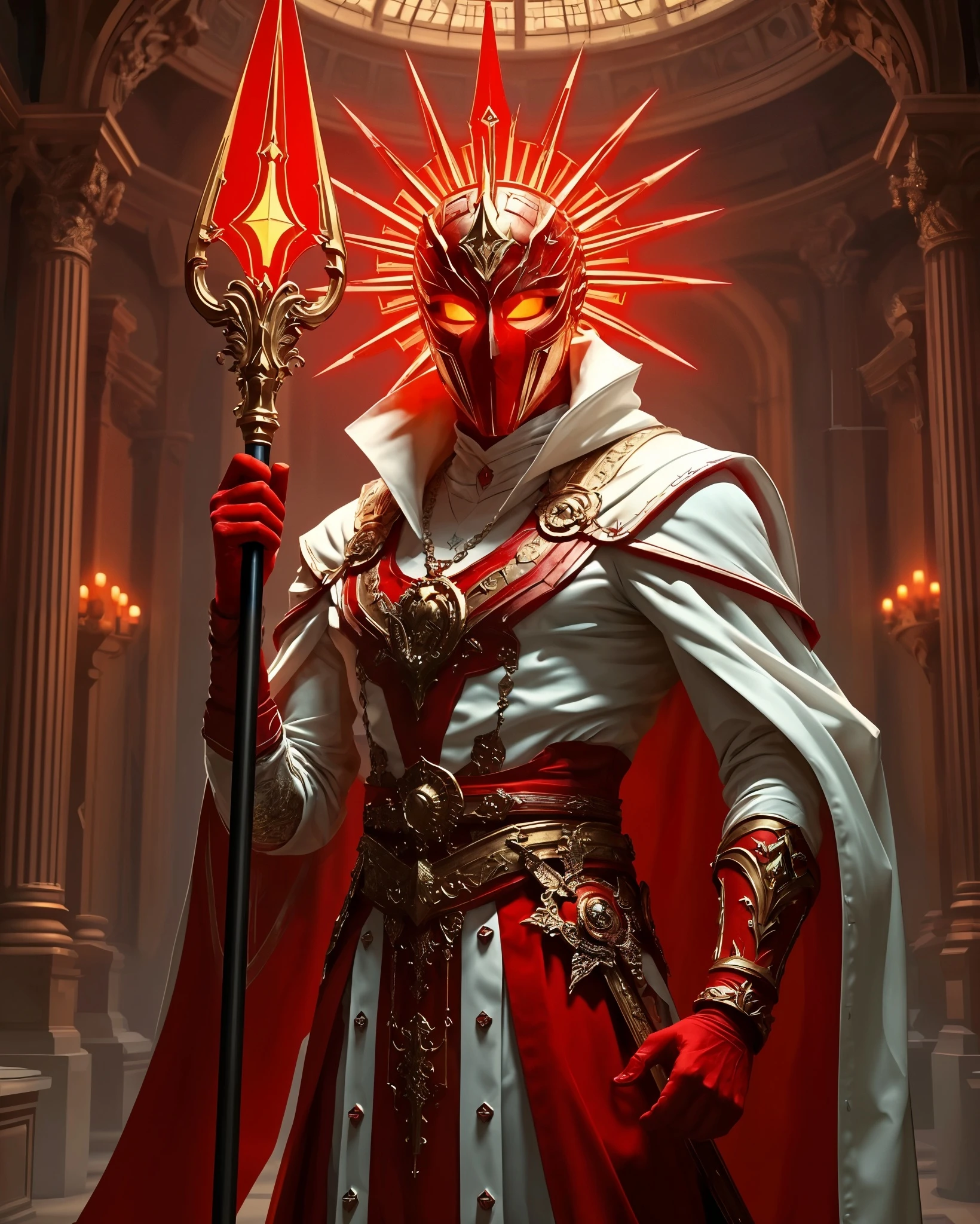 A regal, armored figure stands prominently in a grand, classical interior, illuminated by soft, warm light. The character wears an ornate red and white costume, accented with gold details and a flowing cape. Their helmet features a striking sunburst design with glowing orange eyes, adding an air of menace. In one hand, they hold a spear topped with a matching fiery red ornament. The background is filled with tall columns and candlelight, enhancing the dramatic and powerful presence of the figure.