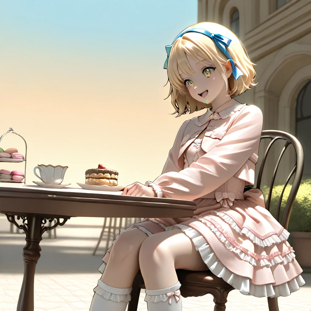 1girl, <lora:SWdress_illustrious:0.7>,SWdress, cropped_jacket, long sleeves, lace trim, frills, layered skirt, puffy dress, cross-laced dress, buttons,waist_ribbon,pink dress,frilled dress,white socks, frilled socks, kneehighs,ribbon footwear,mary janes,tea party, table with sweets, macarons, cupcakes, pastel background, whimsical, fantasy setting, happy, open mouth,smile, sitting,on chair, short hair, outdoors,<lora:alice_98_V4_illustrious:1>,alice98def, alice margatroid (pc-98), blue hair ribbon, blue hairband, blonde hair,yellow eyes,, masterpiece, best quality, amazing quality, newest,detailed face, beautiful eye