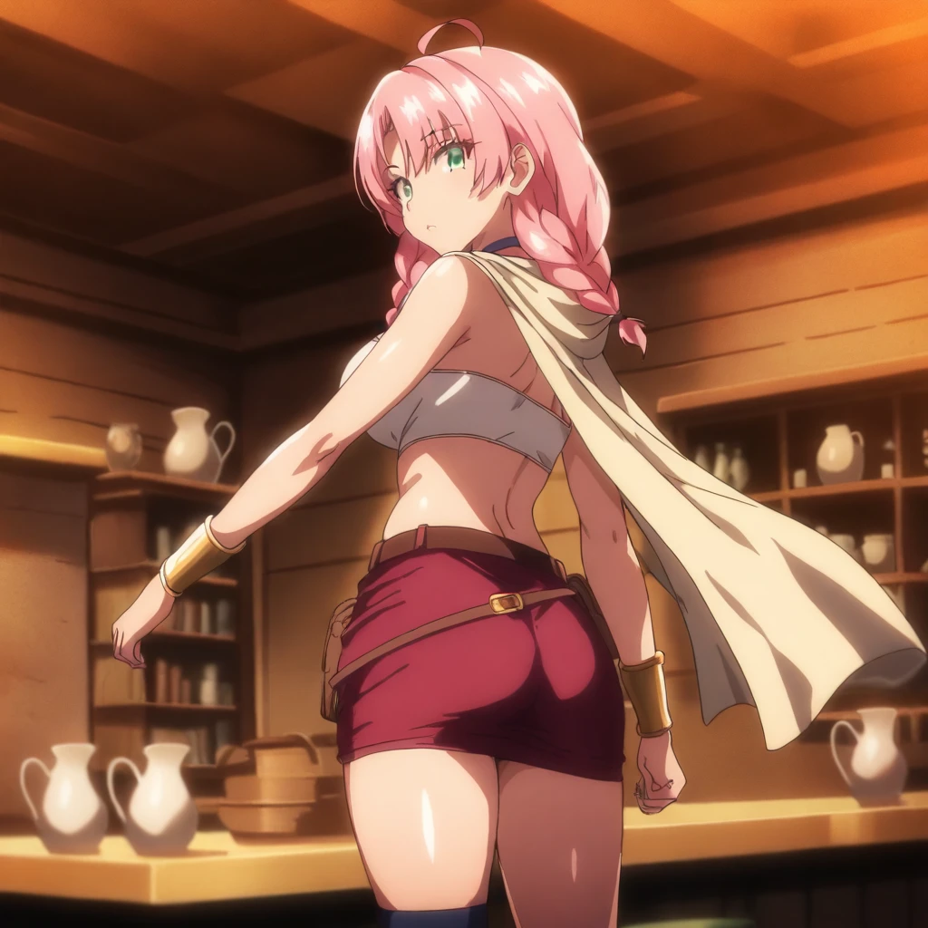 solo,anime coloring,looking at viewer,masterpiece,high score,great score,absurdres,cowboy_shot,from back,<lora:JulieThief ag4o:1> juliethief, pink hair, twin braids, ahoge, green eyes,choker,cape,tube top,skirt,belt,socks,