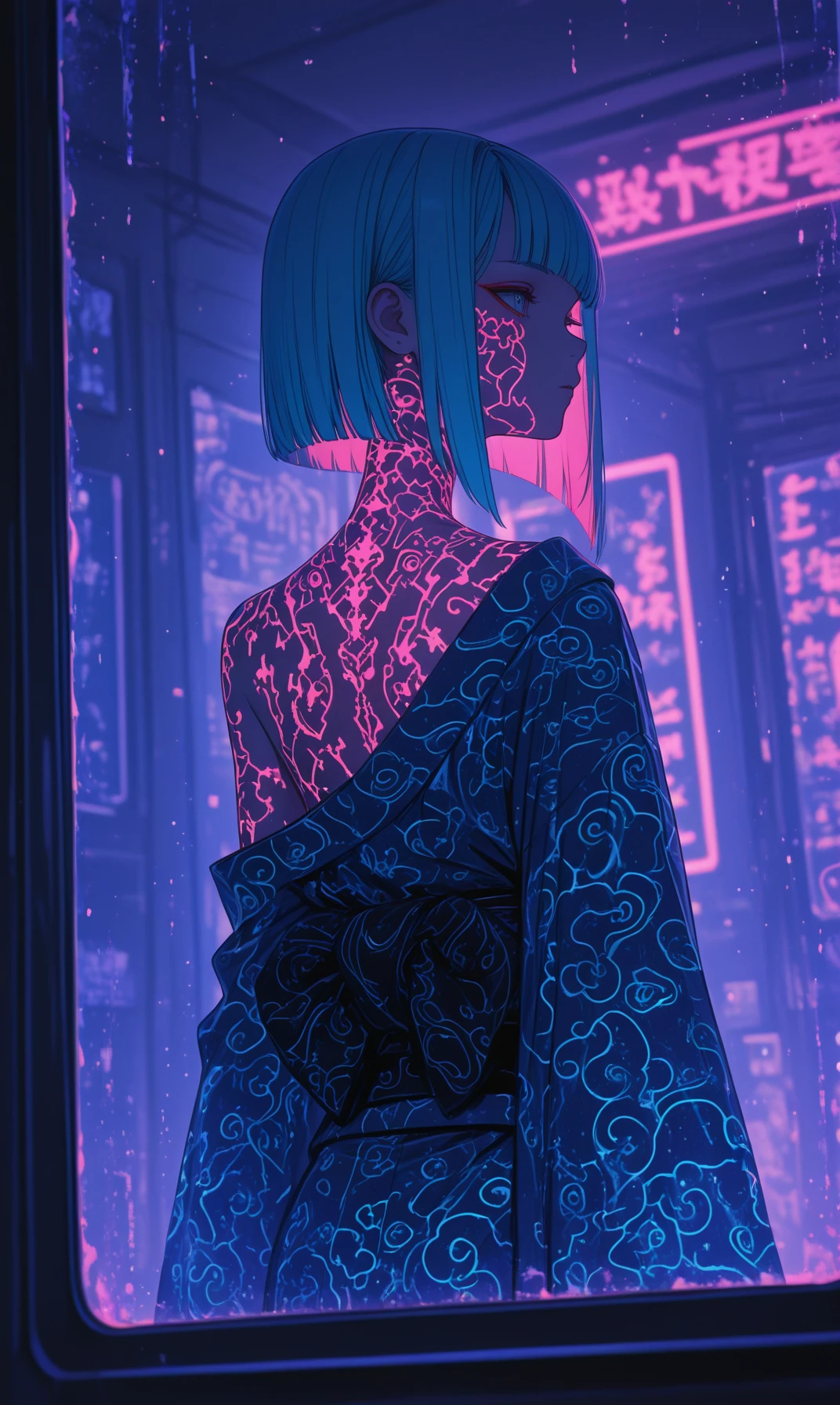 Gl9w, cyberpunk geisha, pastel asymmetric split bob hair, intricate cybernetics woven into hair, kimono slipping off one shoulder, exposed back of neck, petite and graceful, sultry side glance, glowing cybernetic kanji patterns on skin, neon pink and blue rim lighting, misty bedroom scene, silky fabric, soft depth of field, volumetric glow, subtle reflection in glass, elegant mystery, ultra-detailed, moody atmosphere