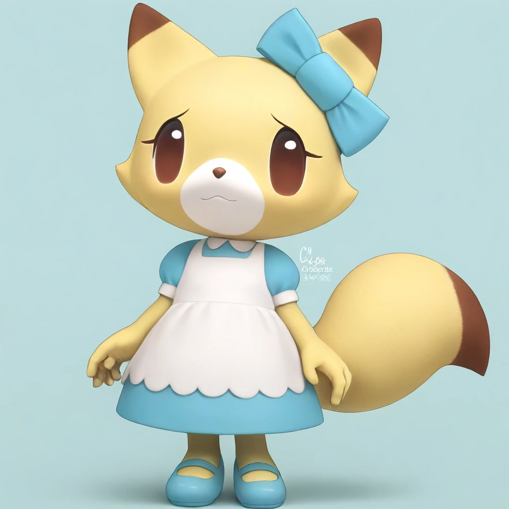 1girl, (anthro, furry, furry female) clarafox, fox, (yellow skin, yellow fur, bodyfur), yellow fox ears, brown eartips, white fox snout, dark brown nose, big eyes, dot eyes, brown eyes, light blue and white collared apron dress, white peter pan collar, light blue puffy short sleeves, white long apron, light blue bow, hair_ribbon, ear ornament, ribbon tied around ear, light blue mary janes shoes