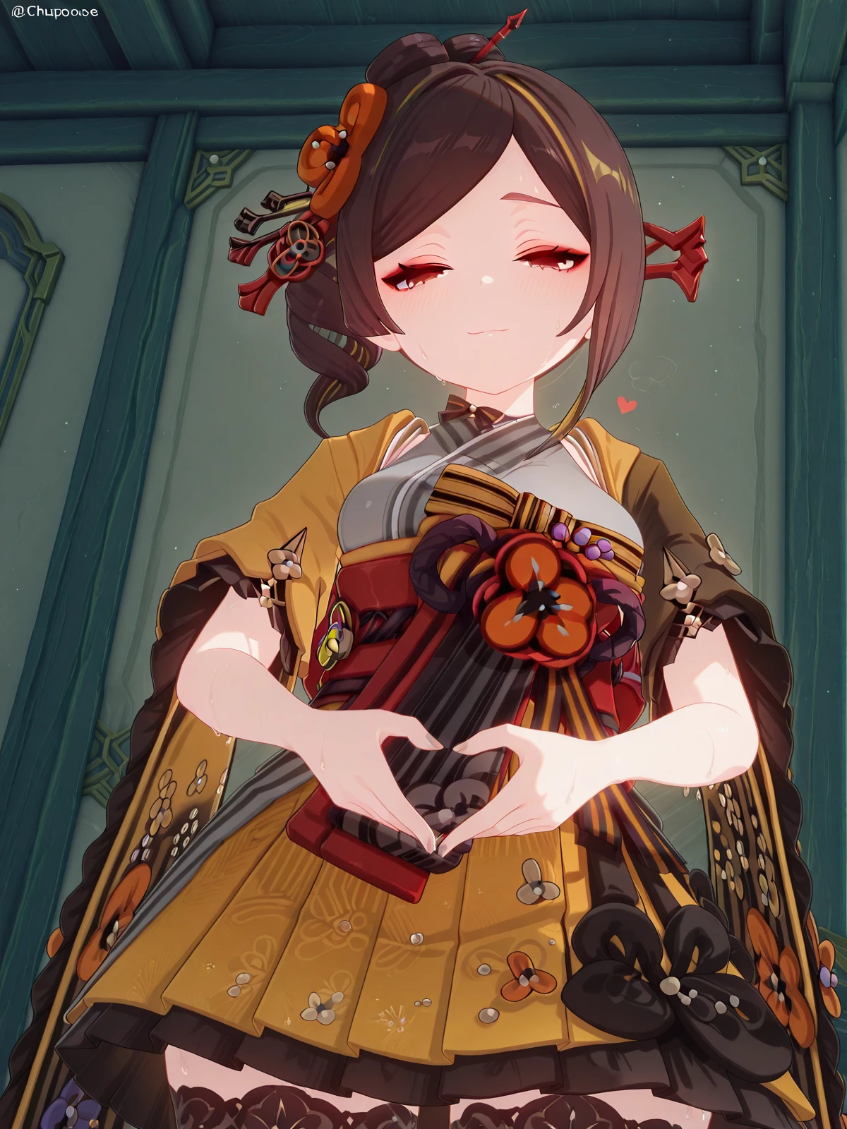 masterpiece, best quality, amazing quality,, <lora:genshin-chiori-ingame-illustriousxl-lora-nochekaiser:1>, chiori, chiori (genshin impact), brown hair, hair ornament, red eyes, flower, hair flower, mature female, medium breasts, 3d, <lora:uterus-pose-illustriousxl-lora-nochekaiser:1>, uteruspose, solo, looking at viewer, blush, smile, closed mouth, standing, heart, cowboy shot, sweat, heart hands, torogao, half-closed eyes, from below, looking down,, , ,