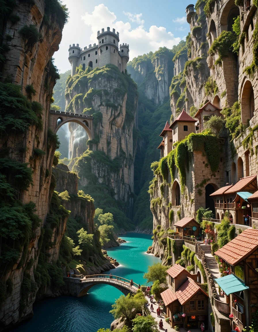<lora:MW_Roma02flux:1> R10, narrow canyon with towering cliffs, medieval town built into rocky walls, stone houses with wooden roofs, arched bridges spanning the canyon river, a large fortified castle perched on a ledge above, cascading vines and moss covering stonework, villagers in medieval clothing walking paths, market stalls with colorful cloth canopies, guards patrolling castle walls, smoke rising from chimneys, sunlight streaming through canyon opening, soft shadows and warm highlights, realistic water reflections, lush greenery, blooming wildflowers, immersive medieval fantasy setting, cinematic composition, ultra-detailed environment,