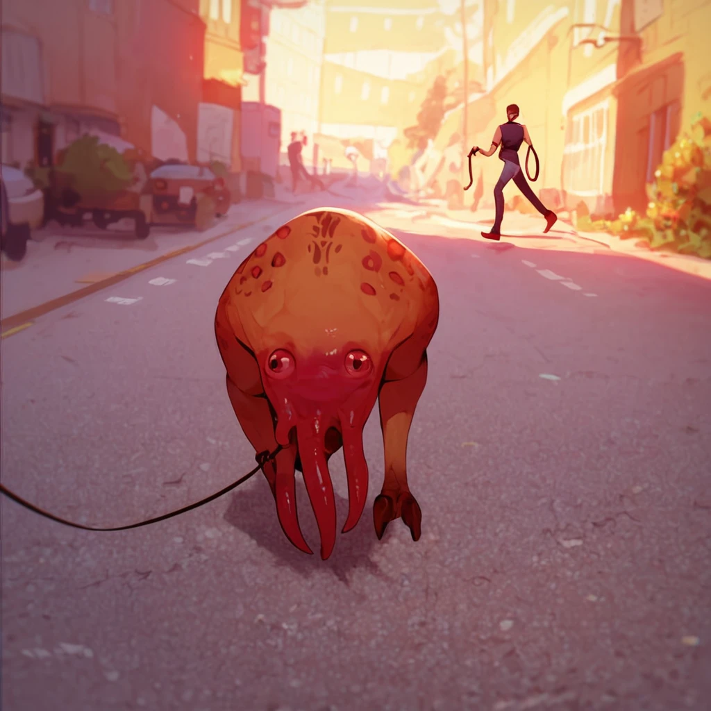 score_9, score_8_up, score_7_up, bullsquid, face tentacles, two limbs, alien on human, walking, on street, holding leash