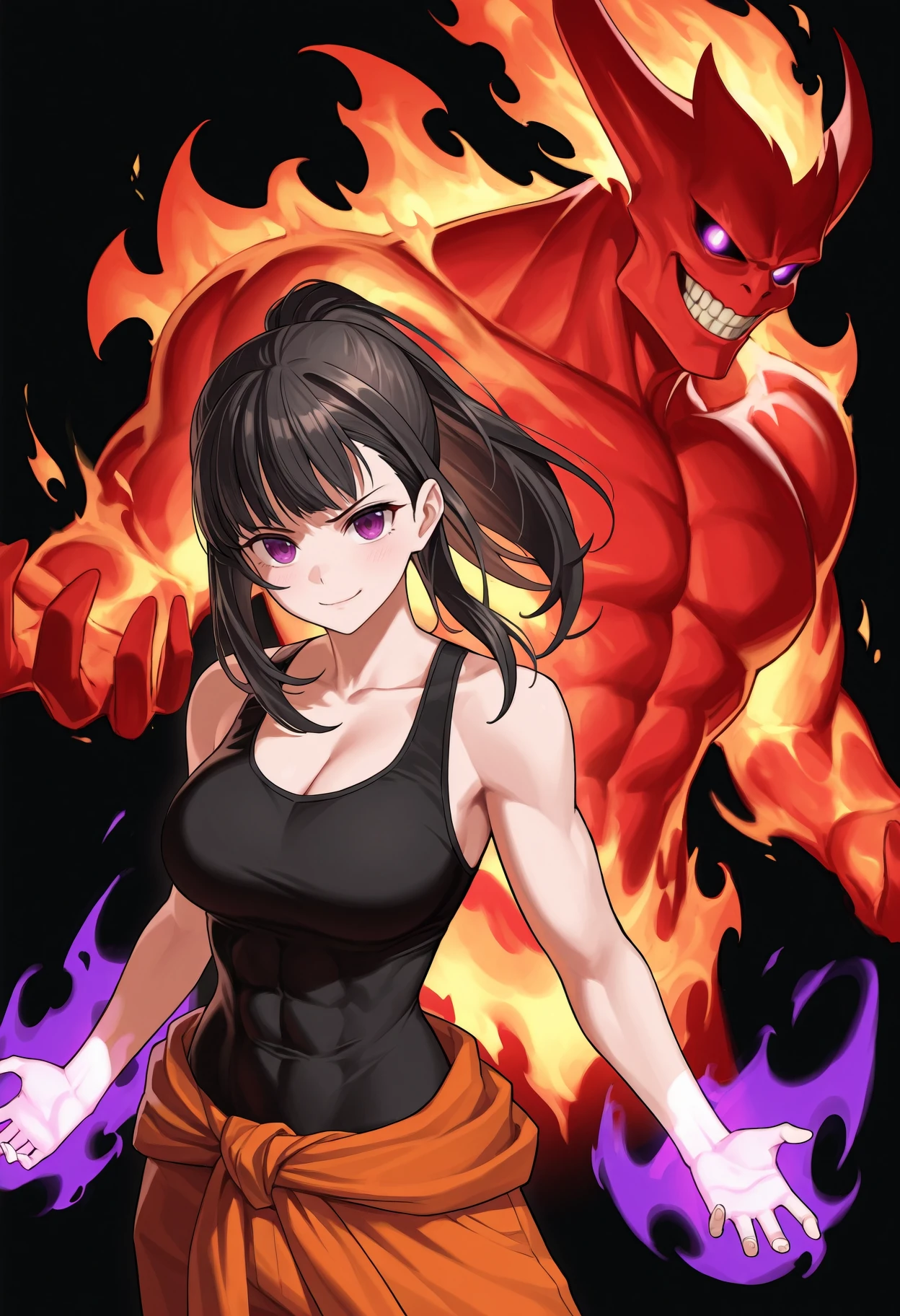 masterpiece, best quality, simple background, black background, 1girl, 1other,  <lora:Summon:1>
1girl, maki oze, black hair, long hair, ponytail, sidelocks, purple eyes, black tank top, cleavage, collarbone, covered abs, toned, orange pants, looking at viewer, evil grin, closed mouth, arms at sides, outstretched arms, 
1other, aura, fire demon, monster