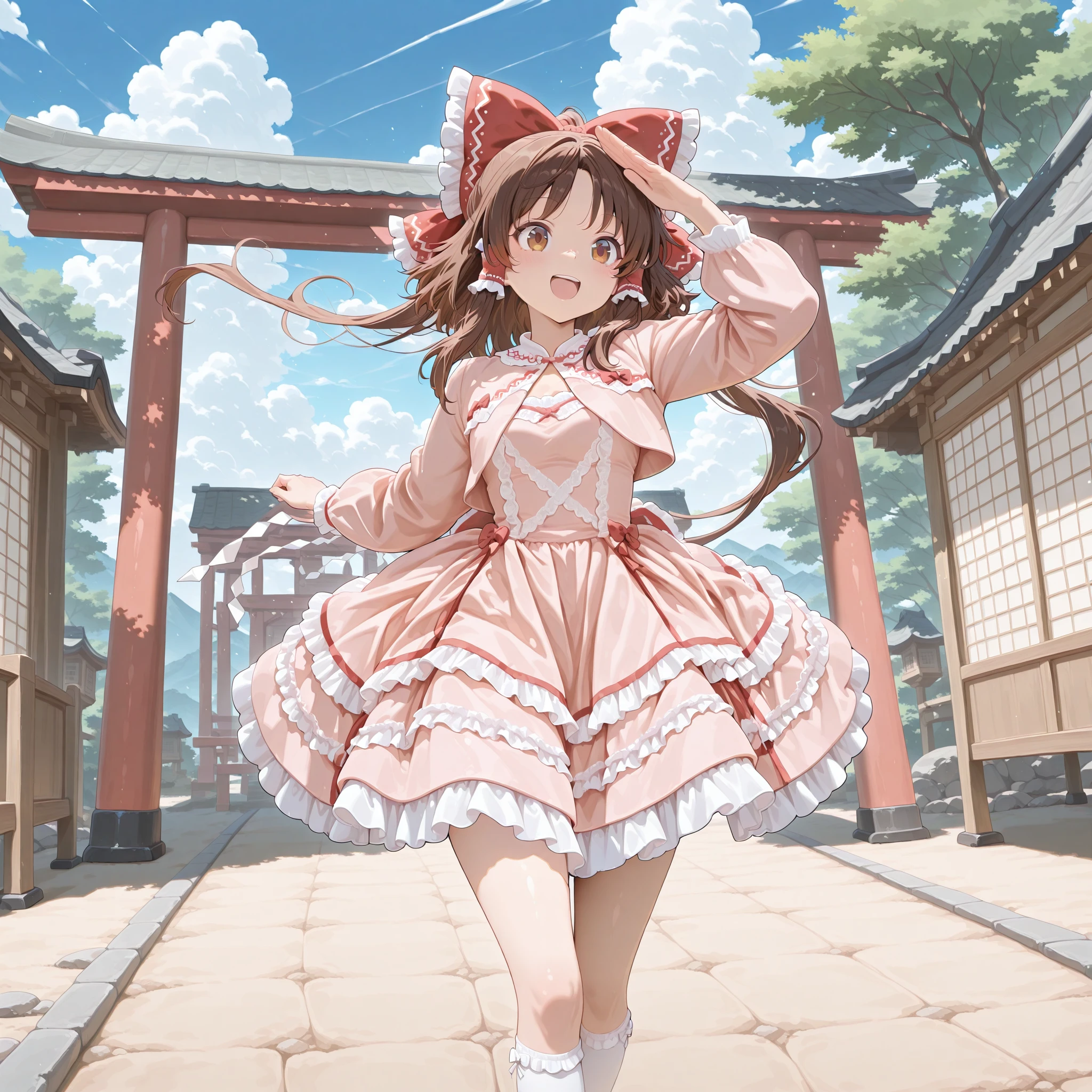 1girl, <lora:SWdress_illustrious:0.8>,SWdress, cropped_jacket, long sleeves, lace trim, frills, layered skirt, puffy dress, cross-laced dress, buttons,waist_ribbon,pink dress,frilled dress,white socks, frilled socks, kneehighs,ribbon footwear,mary janes,dynamic pose, smile,open mouth, <lora:Reimu-Hakurei_IllustriousV3:0.8>,hakurei reimu, 1girl, solo, brown eyes, brown hair, long hair, sidelocks, ponytail, small breasts,hakurei_shrine,, masterpiece, best quality, amazing quality, newest,detailed face, beautiful eye