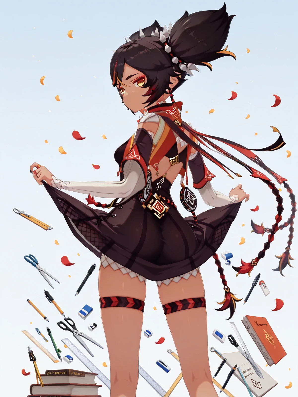 masterpiece, best quality, amazing quality,, <lora:genshin-xinyan-ingame-illustriousxl-lora-nochekaiser:1>, xinyan, xinyan (genshin impact), black hair, twintails, yellow eyes, multicolored hair, red hair, dark skin, streaked hair, dark-skinned female, spikes, hair ornament, mature female, small breasts, 3d, <lora:senjougaharahitagi-skirt-lift-pose-illustriousxl-lora-nochekaiser:1>, senjougaharahitagi skirt lift pose, solo, skirt, looking back, from behind, clothes lift, book, petals, skirt lift, skirt hold, pen, pencil, scissors, eraser, mechanical pencil, ruler, boxcutter, impossible storage,, , ,