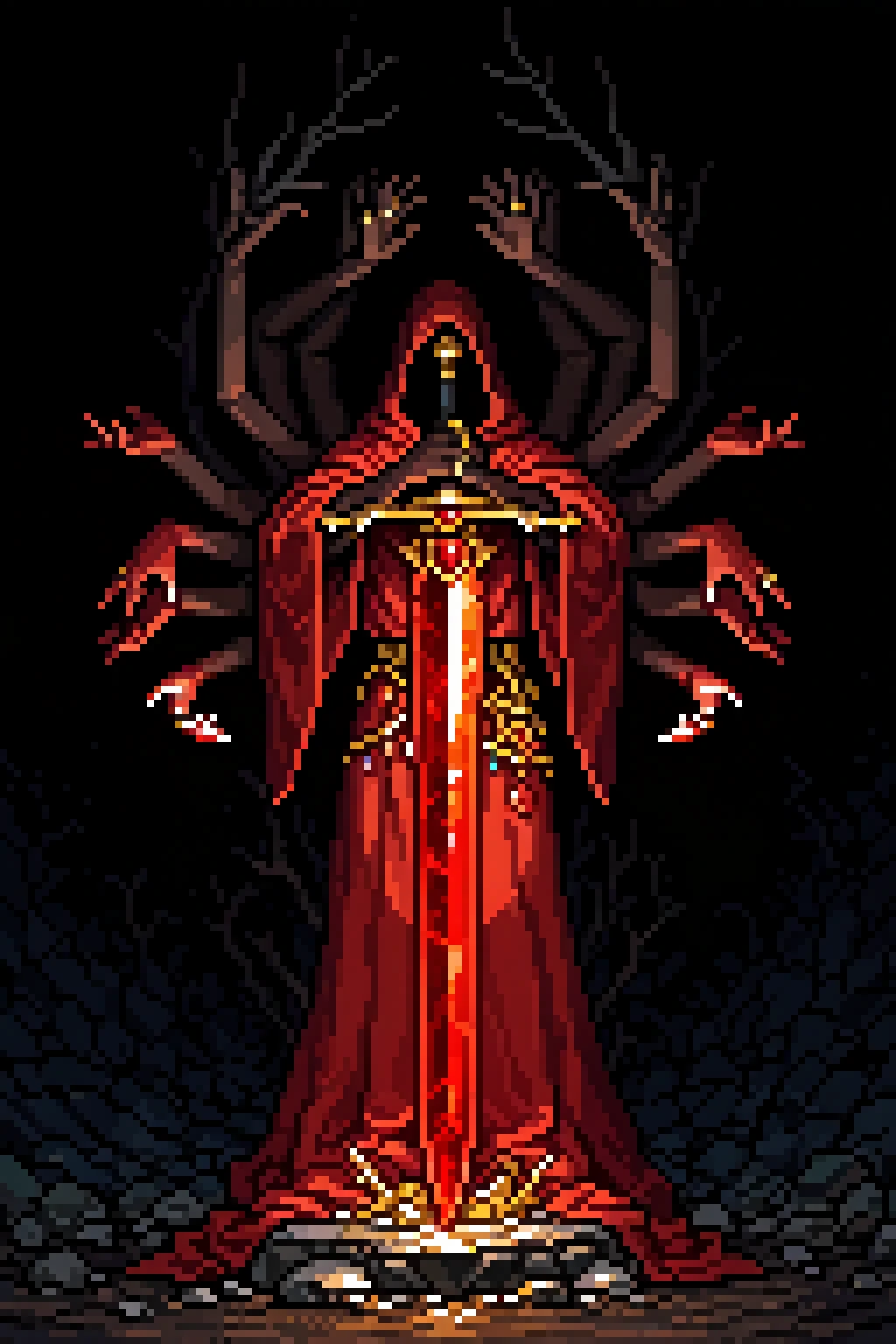 pixpix, 8-bit, pixel_art, , solo, simple_background, holding, jewelry, weapon, sword, holding_weapon, no_humans, holding_sword, ring, black_background, gem, 1other, robe, red_cape, fantasy, dark, dark_background, extra_arms, gold, red_gemstone, planted_sword, still_life, greatsword, red_robe