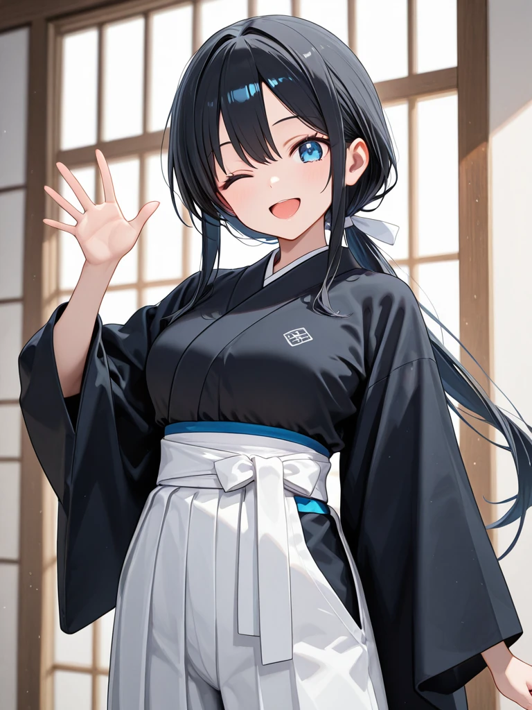 <lora:Samurai_girl_Mizuki_Hayate:0.3>,<lora:Smooth_Booster_v3:0.5>,masterpiece,great quality,best quality,newest,8k,absurdres,ultra-detailed,volumetric light,

1girl,mizuki hayate,black hair,blue eyes,long hair,low ponytail,sidelocks,medium ,
black kimono clothes,white hakama pants,
smiling,open mouth,

looking on viewer,waving hand on viewer,one eye closed,
cowboy shot,