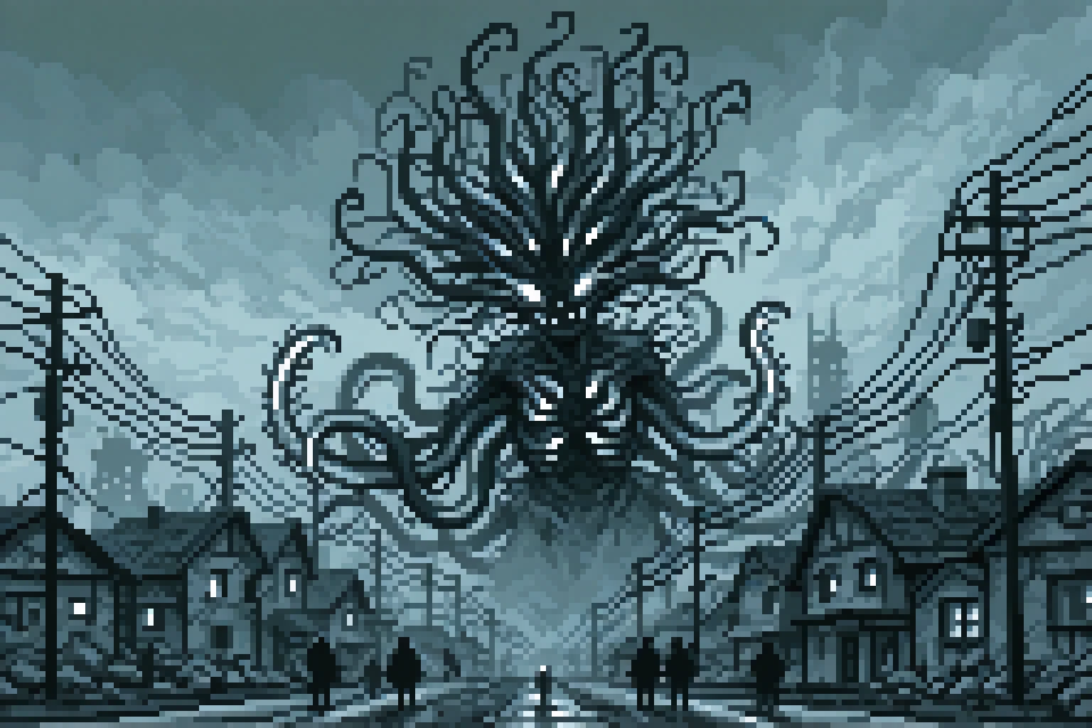 pixpix, 8-bit, pixel_art, , holding, monochrome, outdoors, sky, cloud, gun, no_humans, window, glowing, cloudy_sky, building, scenery, glowing_eyes, tentacles, flying, monster, city, camera, silhouette, multiple_others, giant, house, power_lines, utility_pole, alien, holding_camera, ambiguous_gender, fog, grey_sky, people, 6+others, grey_theme, kaijuu, eldritch_abomination