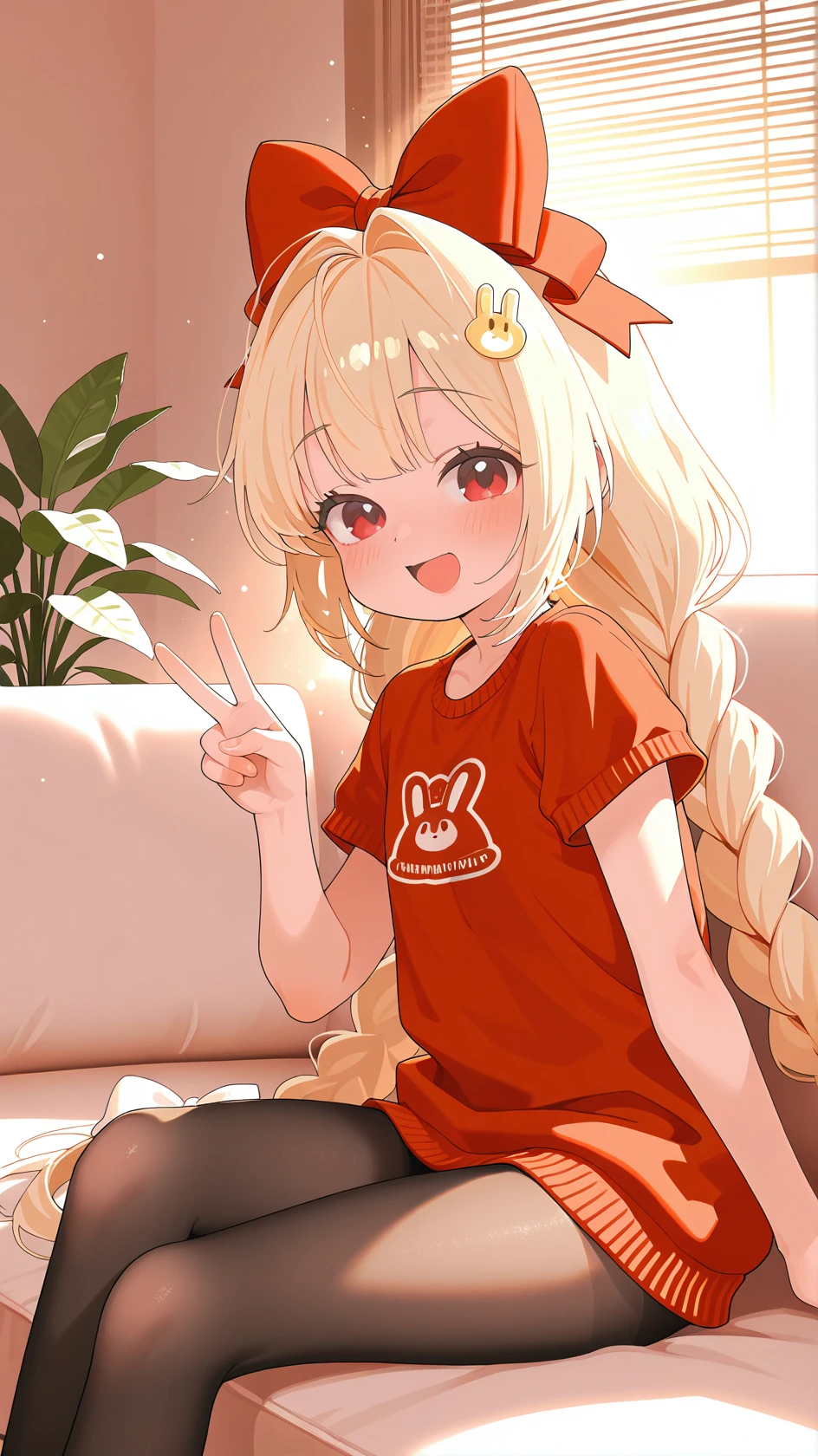 masterpiece, best quality, amazing quality,,newest, absurdres, highres,nsfw, ultra-detailed, stylized, , light particles,
<lora:crust-000040:0.8> , solo, long hair,r, blush , bangs, blonde hair, hair ornament, red eyes ,, twintails, very long hair, braid, short sleeves,, hair bow,, mohair sweater,
absurdres, 1girl, solo, glossy lips, ,, sitting on sofa, looking aside, from side, indoors, , relaxing, warm tone, (sunlight through venetian blinds), , ambient light, soft light, comiks,fgg, no lineart, flat color, plants, open mouth, looking at viewer, black pantyhose, v sign, smile,
, <lora:add-detail-xl:0.8>, <lora:illustrious_flat_color_v2:1>, masterpiece,best quality,amazing quality,