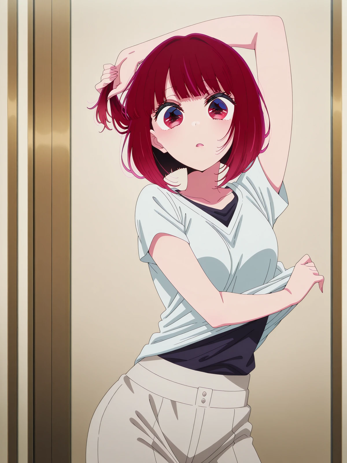 masterpiece, best quality, amazing quality,, <lora:kana-arima-s1s2-illustriousxl-lora-nochekaiser:1>, kana arima, arima kana, short hair, bangs, red eyes, red hair, bob cut, mature female, small breasts, anime screencap, <lora:senjougaharahitagi-arm-up-pose-illustriousxl-lora-nochekaiser:1>, senjougaharahitagi arm up pose, solo, looking at viewer, open mouth, cowboy shot, parted lips, arm up, shirt lift, holding hair,, , ,