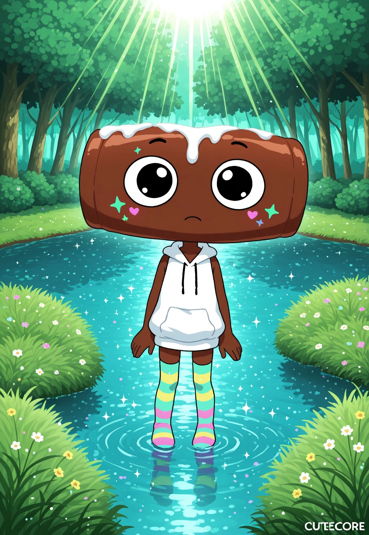 (cutecore, kawaiicore) 1boy, cosmo, object_head, swiss_roll head, (brown skin), white icing on head, green, aqua, and magenta star-shaped cheek freckles, big eyes, black eyes, white sleeveless hoodie, black drawstrings, magenta, aqua, and green striped thighhighs, striped_legwear, ((detailed scenery, detailed background)), outside, afternoon, verdant park, marsh, (verdant greenery, trees, lush bushes, grass, grassy lawn, wildflowers, water, lake, sunlight, sun rays, hearts, sparkles, glitter))