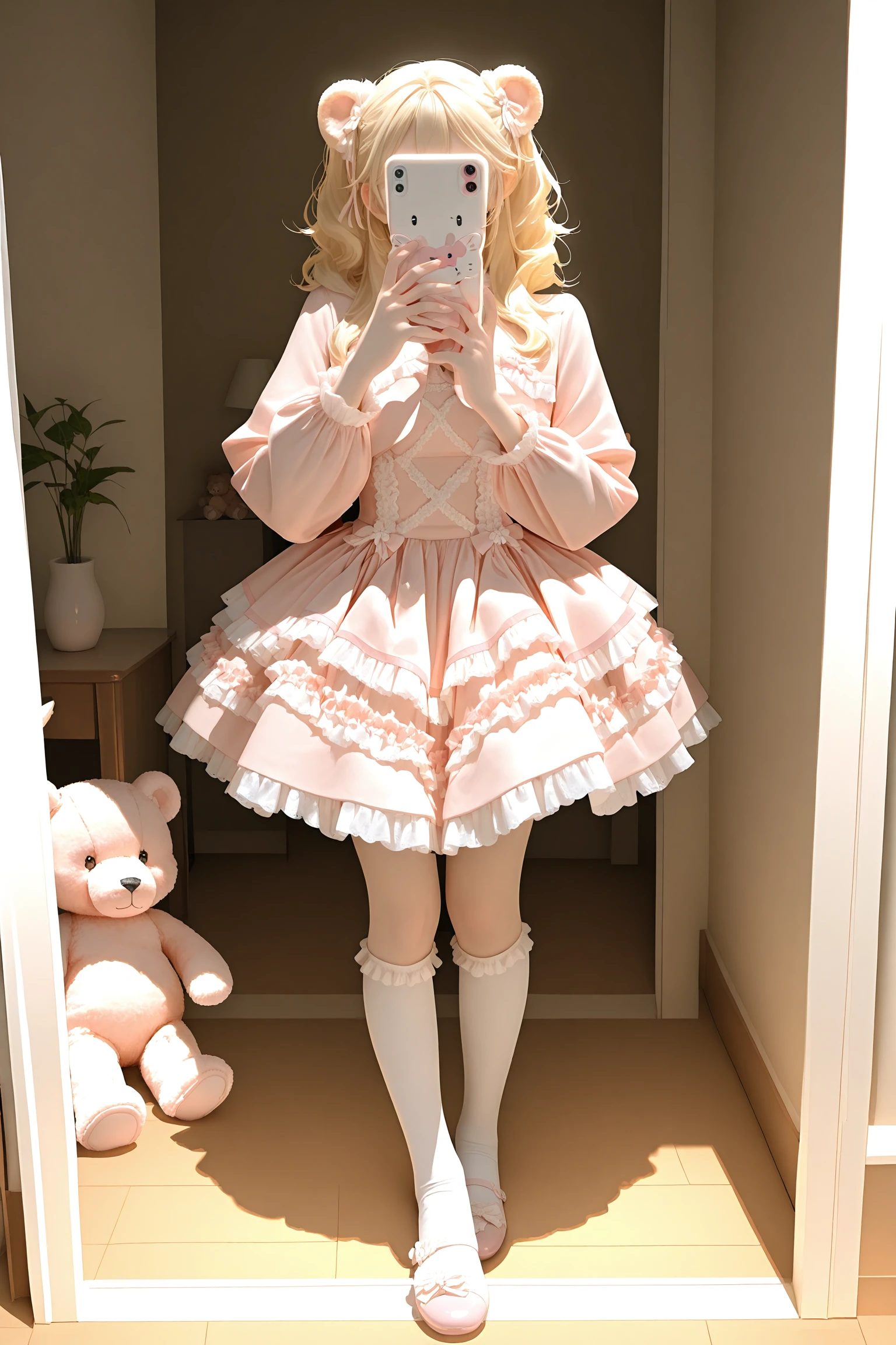 1girl, <lora:SWdress_illustrious:0.8>,SWdress, cropped_jacket, long sleeves, lace trim, frills, layered skirt, puffy dress, cross-laced dress, buttons,waist_ribbon,pink dress,frilled dress,white socks, frilled socks, kneehighs,ribbon footwear,mary janes,full body,straight-on,indoors, stuffed toy,holding stuffed toy, selfie,teddy bear, covered face, dark room,, masterpiece, best quality, amazing quality, newest,detailed face, beautiful eye