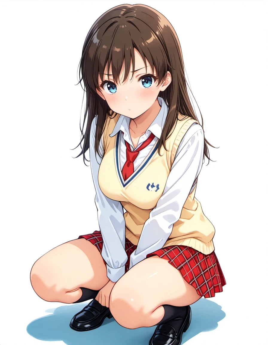 masterpiece, best quality, absurdres, <lora:iseshima_aya_IL:1>, iseshima aya, 1girl, solo, brown hair, long hair, school uniform, white shirt, long sleeves, knit vest, red necktie, plaid skirt, red skirt, pleated skirt, black kneehighs, black loafers, white background, lazypos, looking at viewer,