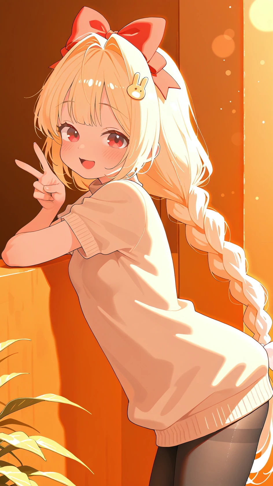 masterpiece, best quality, amazing quality,,newest, absurdres, highres,nsfw, ultra-detailed, stylized, , light particles,
<lora:crust-000040:0.8> , solo, long hair,r, blush , bangs, blonde hair, hair ornament, red eyes ,, twintails, very long hair, braid, short sleeves,, hair bow,, mohair sweater,
absurdres, 1girl, solo, glossy lips, ,, looking aside, from side, outdoor, , relaxing, warm tone, , ambient light, soft light, comiks,fgg, no lineart, flat color, plants, open mouth, looking at viewer, black pantyhose, v sign, smile,
, <lora:add-detail-xl:0.8>, <lora:illustrious_flat_color_v2:1>, masterpiece,best quality,amazing quality,
