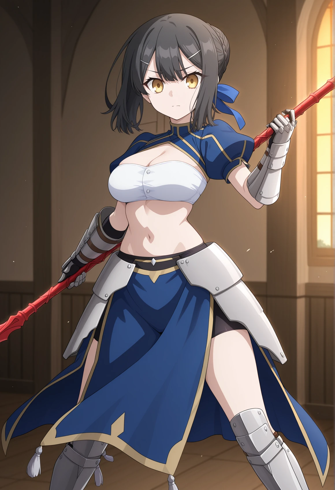 anime coloring, 1girl, solo, big breasts, black hair, medium hair, yellow eyes, hairpin, single hair bun, braid, tube top, blue shirt, clothing cutout, short sleeves, puffy sleeves, gauntlets, armor, bike shorts, long skirt, side slit, greaves, ribbon, holding spear, gae gae bolg \(fate\), indoors, castle, sunrise stance, looking at viewer <lora:Miyu_2025:1>, masterpiece, best quality, amazing quality, very aesthetic, absurdres, highres, newest