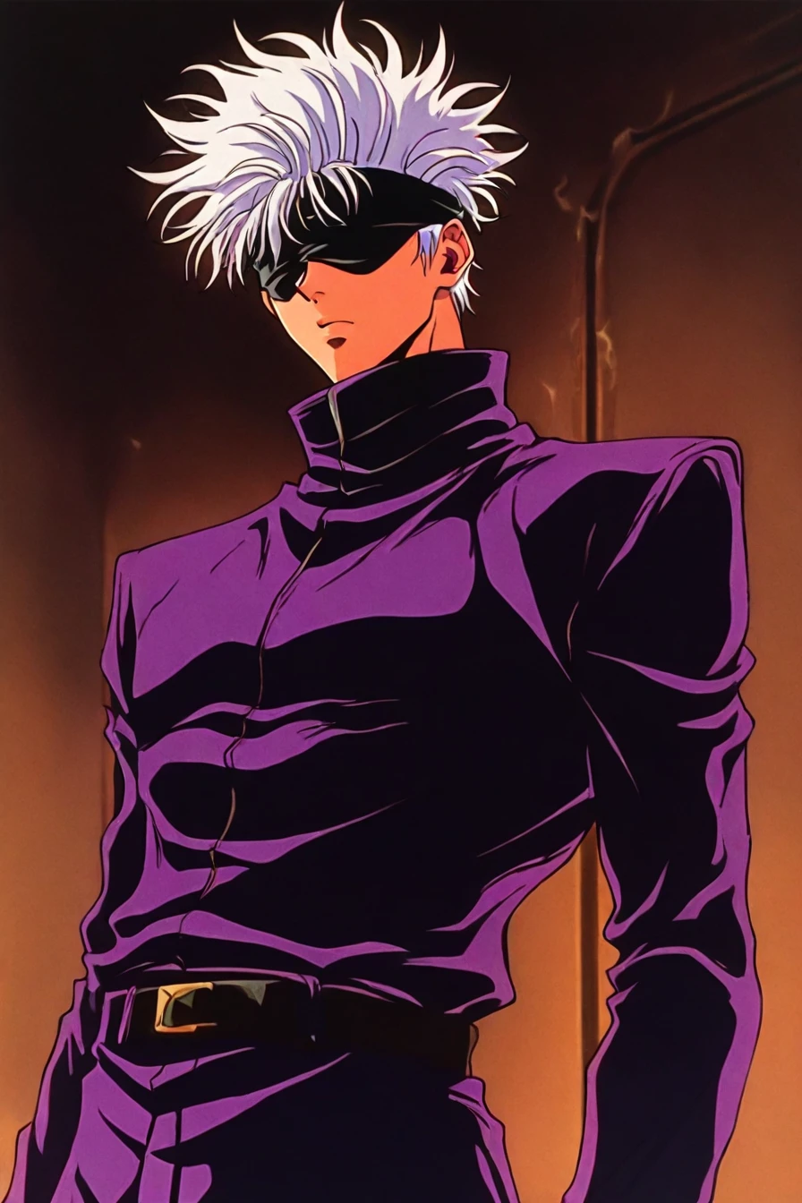 gojou satoru, white hair, purple pants, high collar, blindfold, covered eyes, black blindfold, purple jacket, purple pants, 1boy, solo, alone,<lora:retro_dark_anime_aesthetic-000021:1>, retro_dark_anime_aesthetic, retro, retro artstyle, masterpiece, highres
